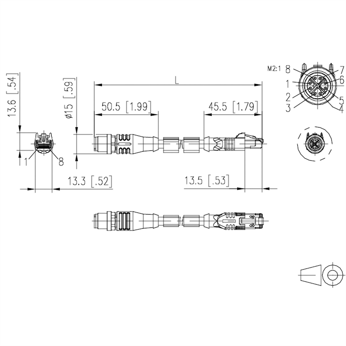 Technische tekening van een kabel met afmetingen en labels.