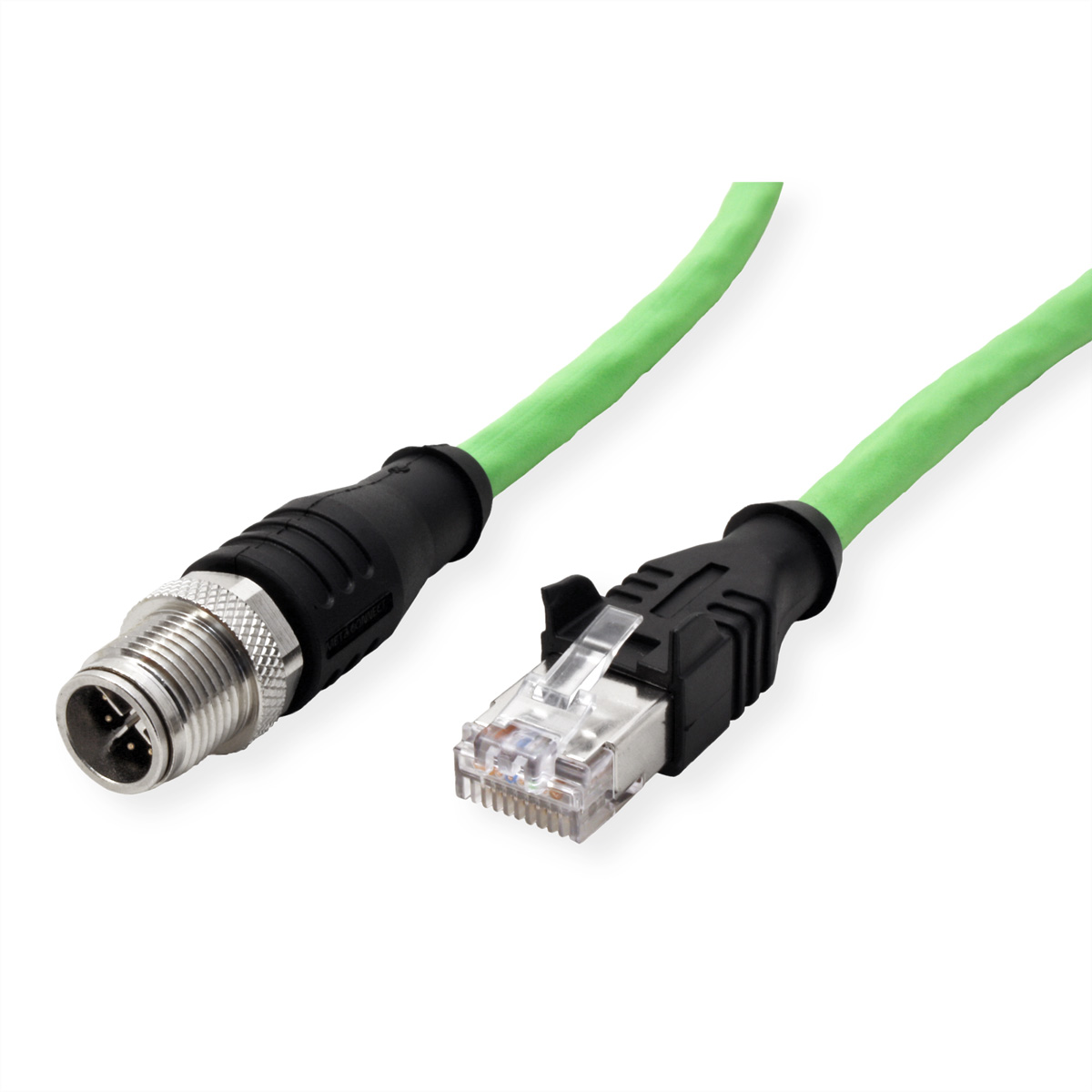 Ein grünes Ethernet-Kabel mit einem Stecker und einem Buchsenanschluss.