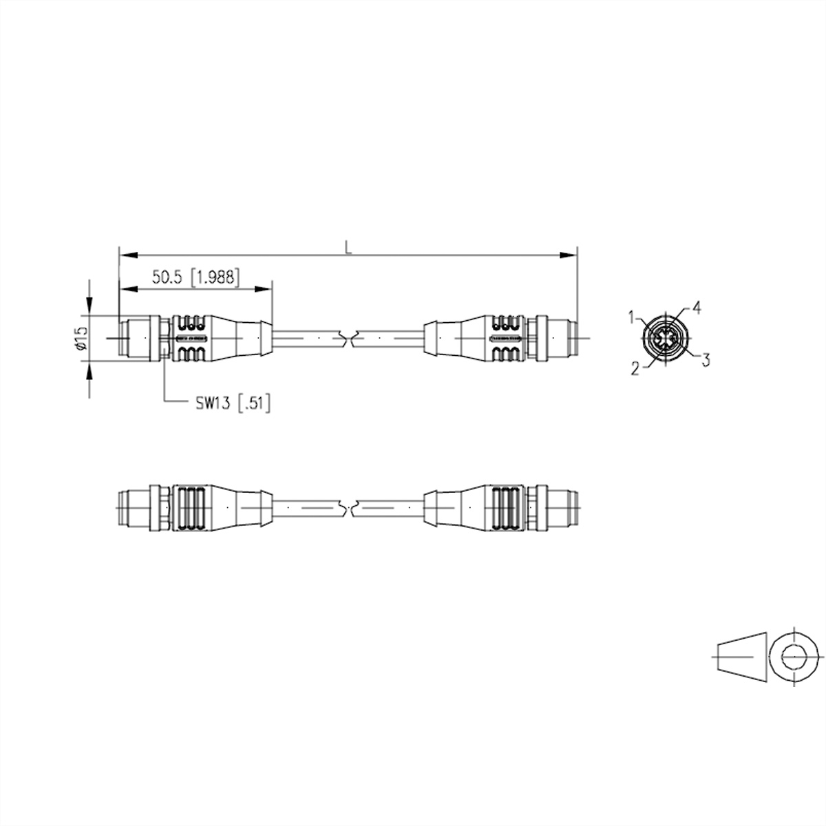 Dessin technique de connecteurs de câble avec dimensions et configurations de broches.