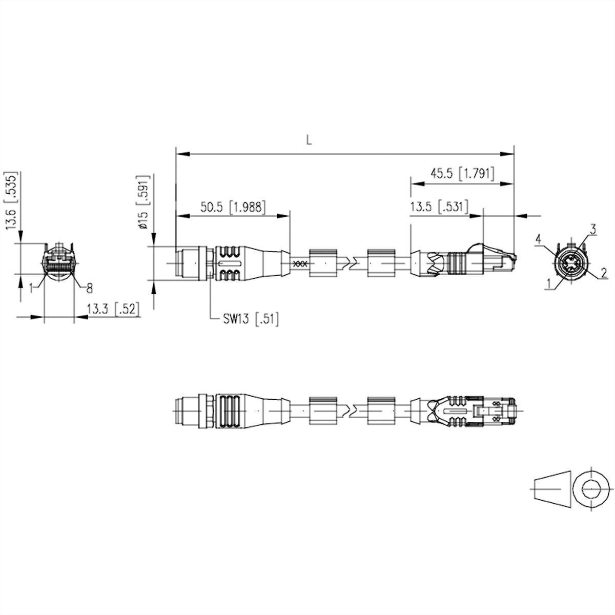Technische tekening van een glasvezelconnector, met maatdetails en verschillende aanzichten.