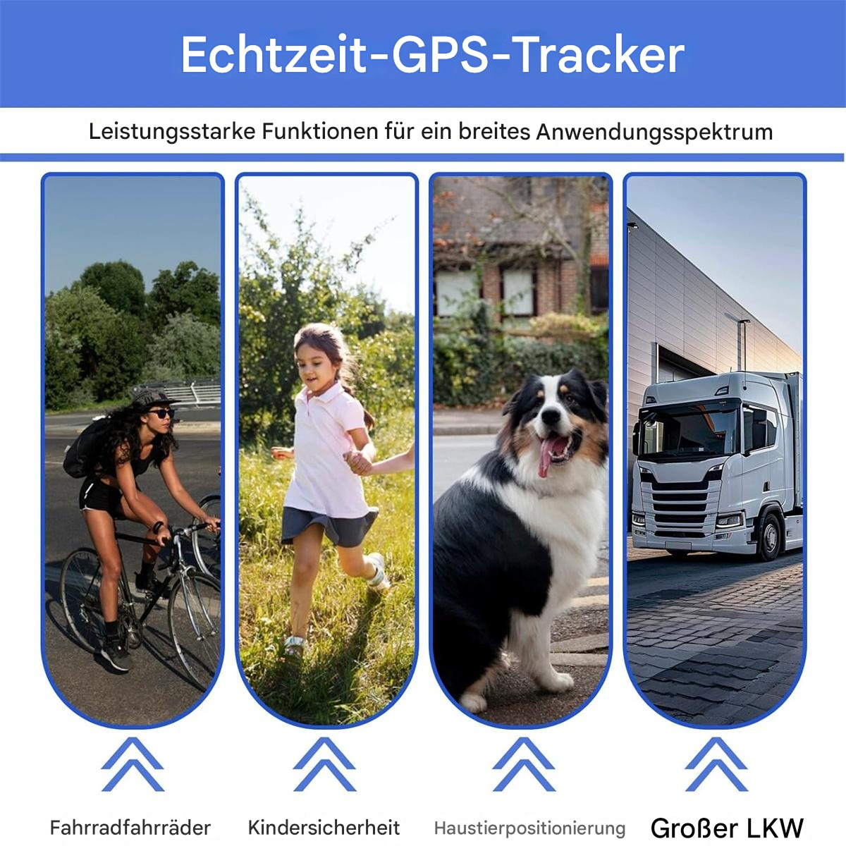 Echtzeit-GPS-Tracker mit Beispielen: Fahrradfahrer, Kinder, Hund und ein großer LKW, die Anwendungen zeigen.