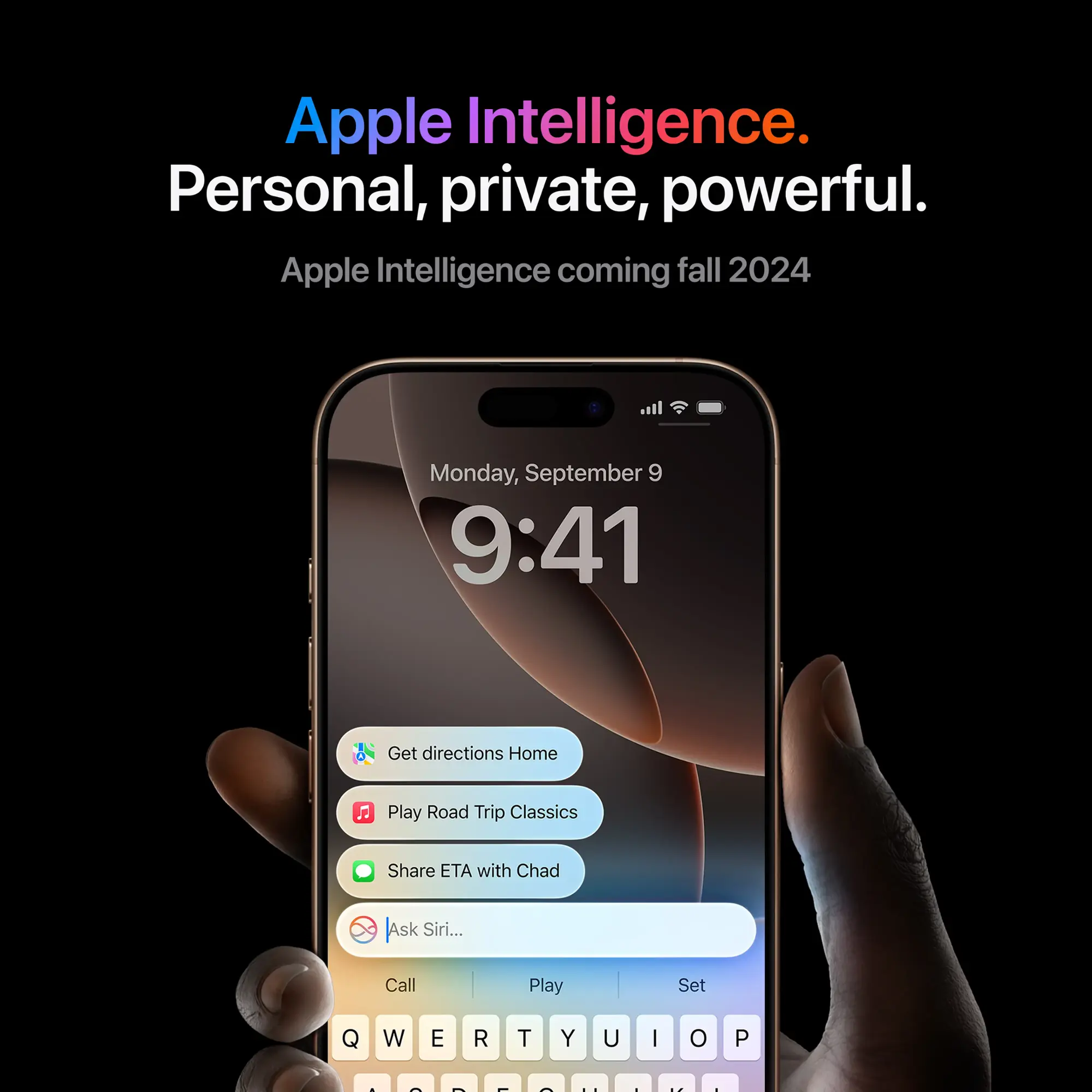 Ekran iPhone'a pokazujący funkcje Apple Intelligence z tekstem: 'Apple Intelligence, personal, powerful'.