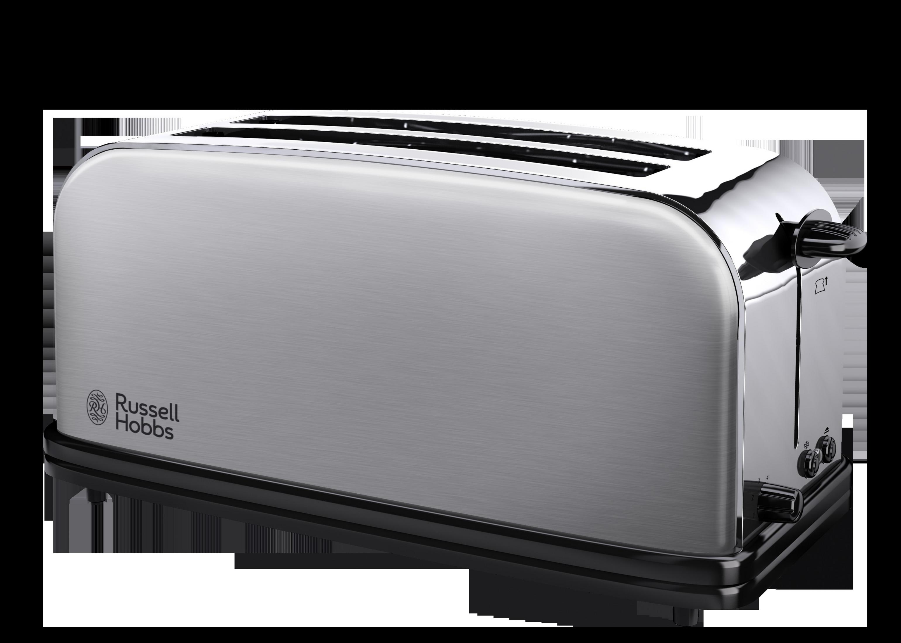 Toster Russell Hobbs ze stali nierdzewnej, błyszczący i odbijający światło, na czarnej powierzchni.