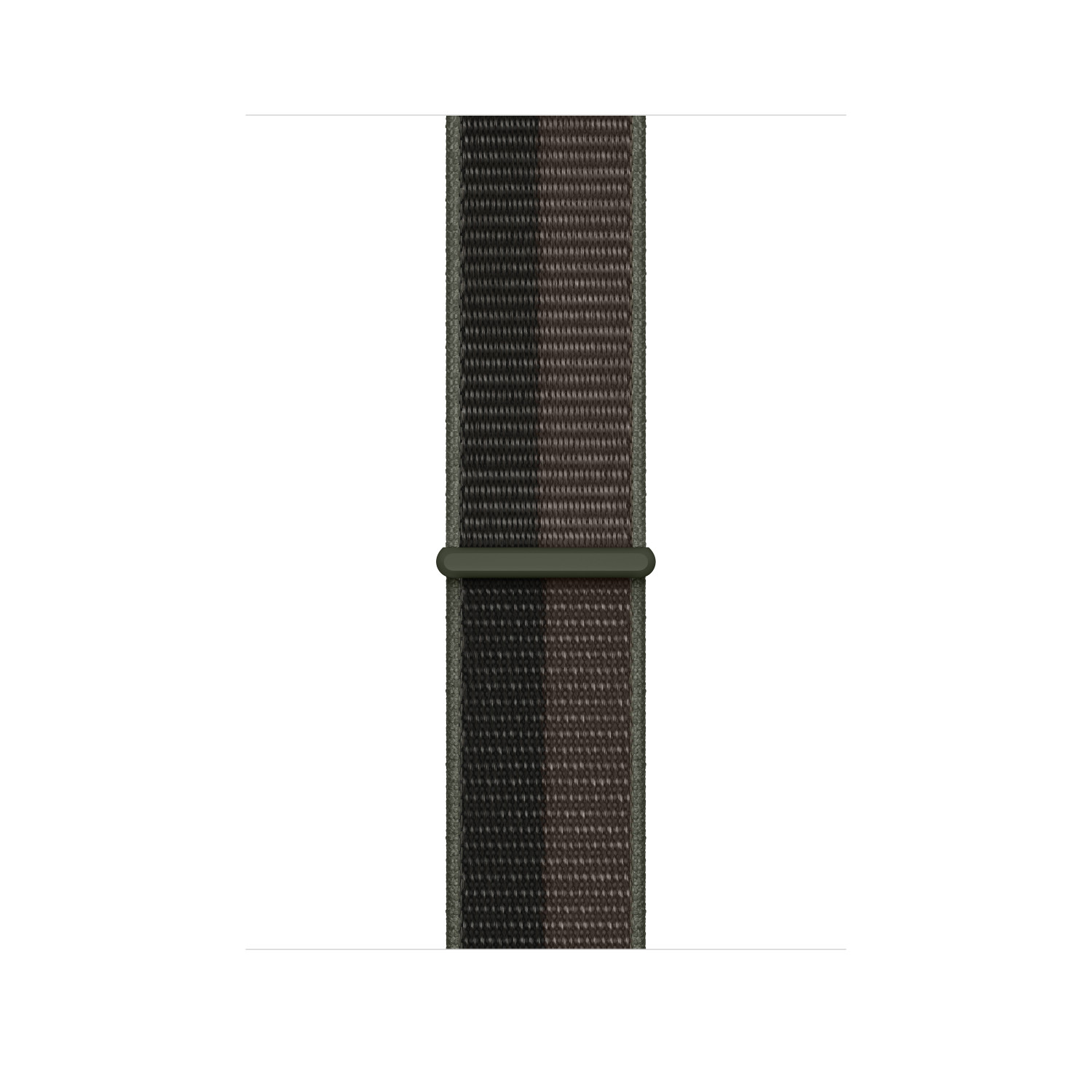 Ein dunkelgraues Apple Watch-Armband mit einem dunkelgrünen Verstellring, präsentiert vor weißem Hintergrund.