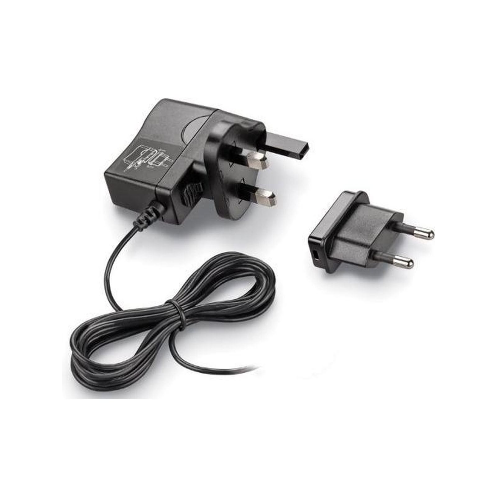 Ein schwarzer Netzadapter mit Kabel und zwei separaten Steckern. Weißer Hintergrund.