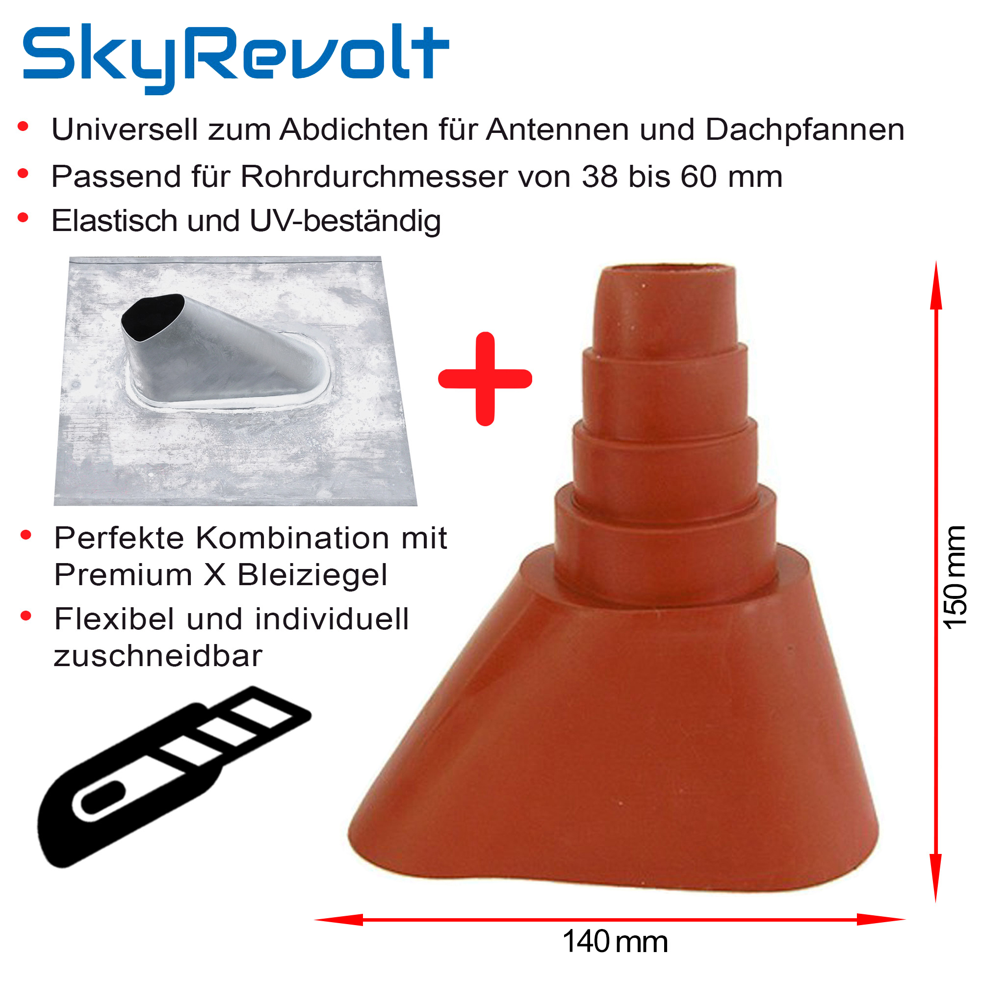 Abdichtungsprodukt für Antennen. Enthält eine graue Basis und ein rotes, kegelförmiges Element.