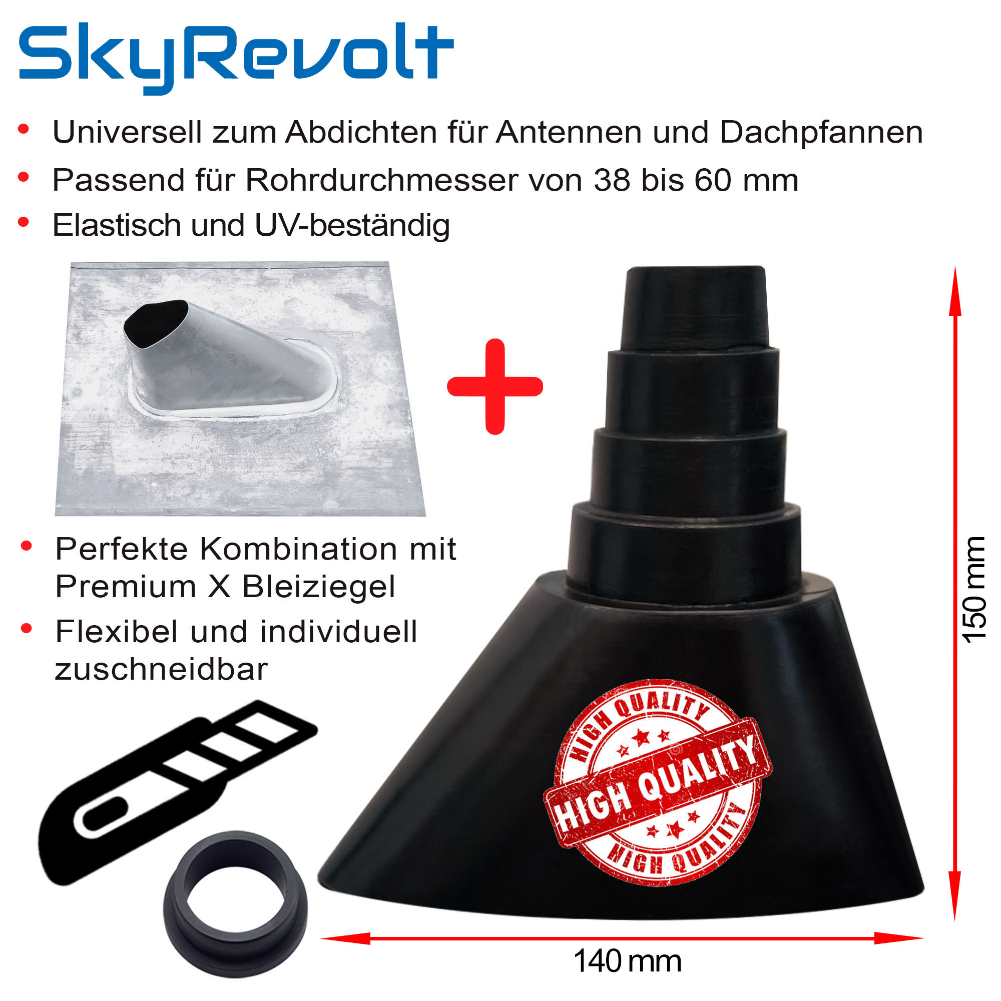 Schwarzes Gummi-Dachabdichtungselement mit Text zu Anwendung und Abmessungen. Weißer Hintergrund mit Werkzeugen.