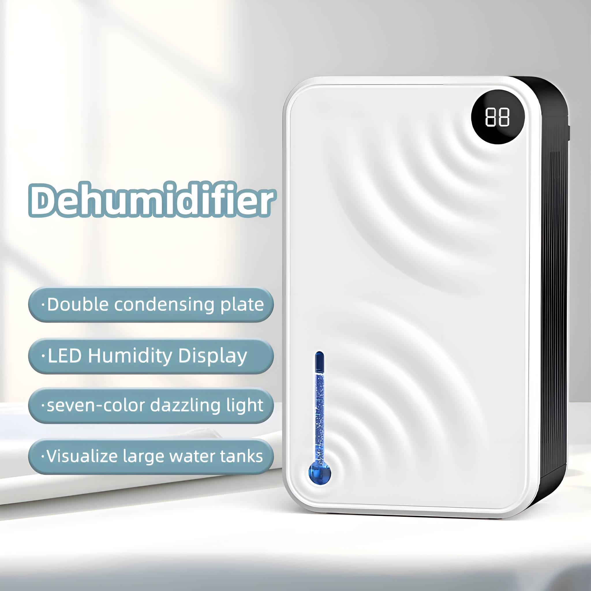 Weißer Luftentfeuchter mit Digitalanzeige. Blaues Wasserstand und blaue Touch-Tasten.