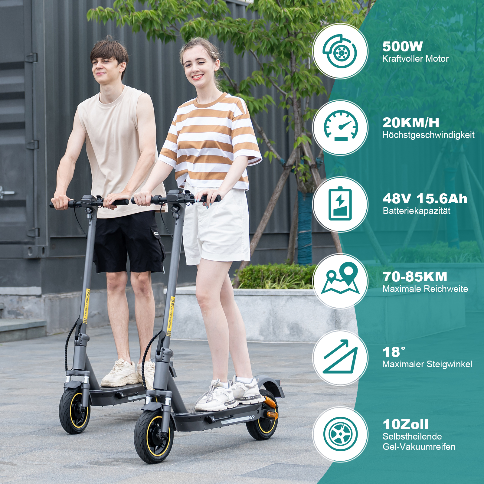 Zwei Personen auf E-Rollern. Text hebt 500W Motor, 20km/h, 48V Akku, 70-85km Reichweite hervor.