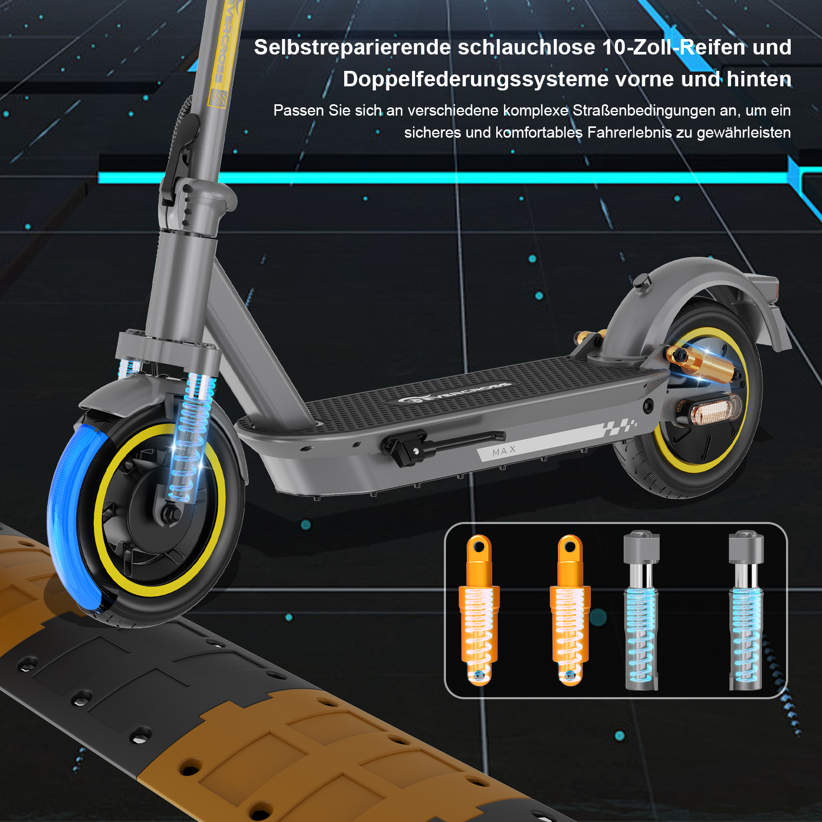 Elektroroller mit gelben Akzenten, Nahaufnahme von Federung und Straßenunebenheiten.