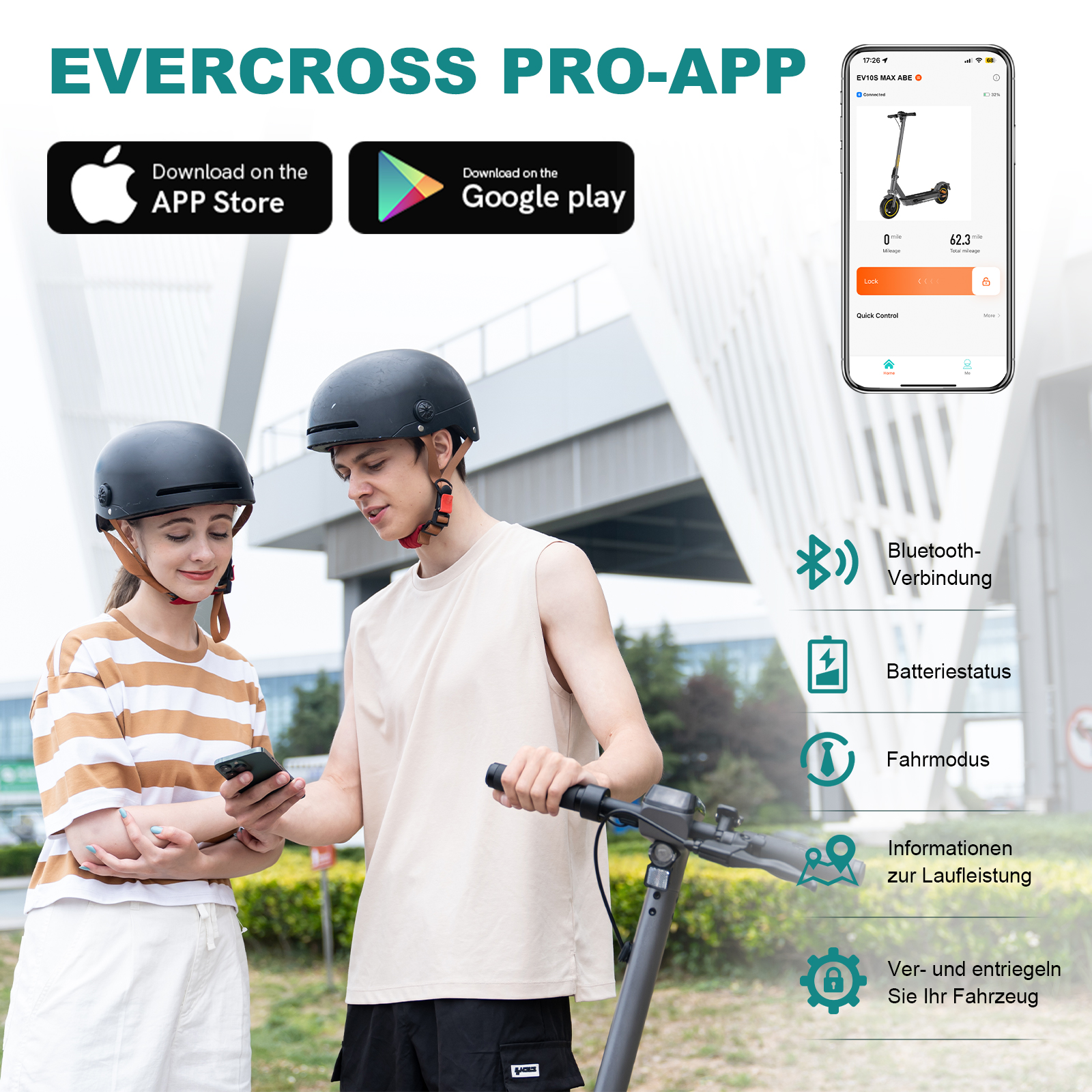 Zwei Personen mit Helmen, die Smartphones halten, mit einem E-Scooter und App-Oberfläche sichtbar.