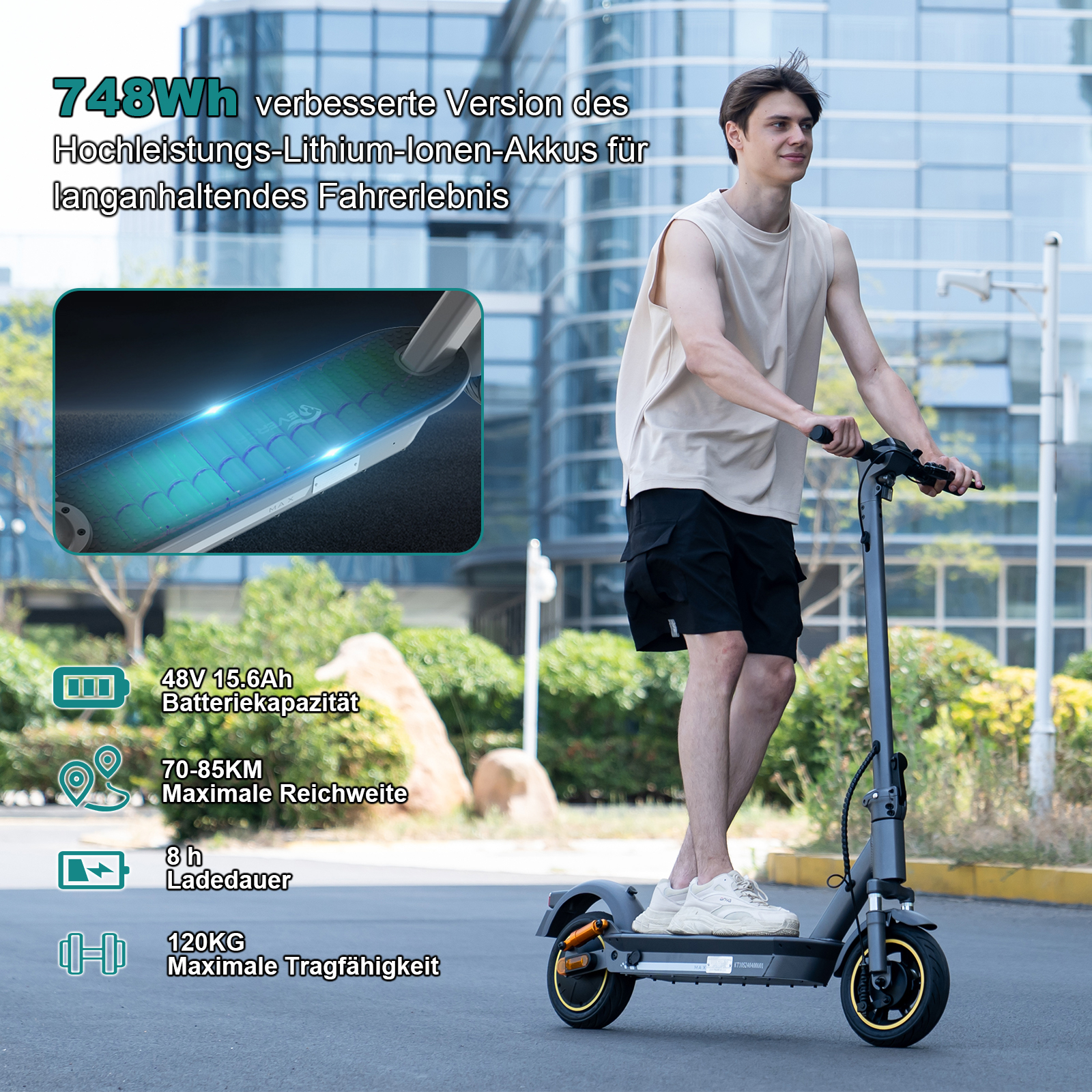 Mann fährt E-Roller auf der Straße, neben Grafiken zu Batteriekapazität, Reichweite und Gewicht.