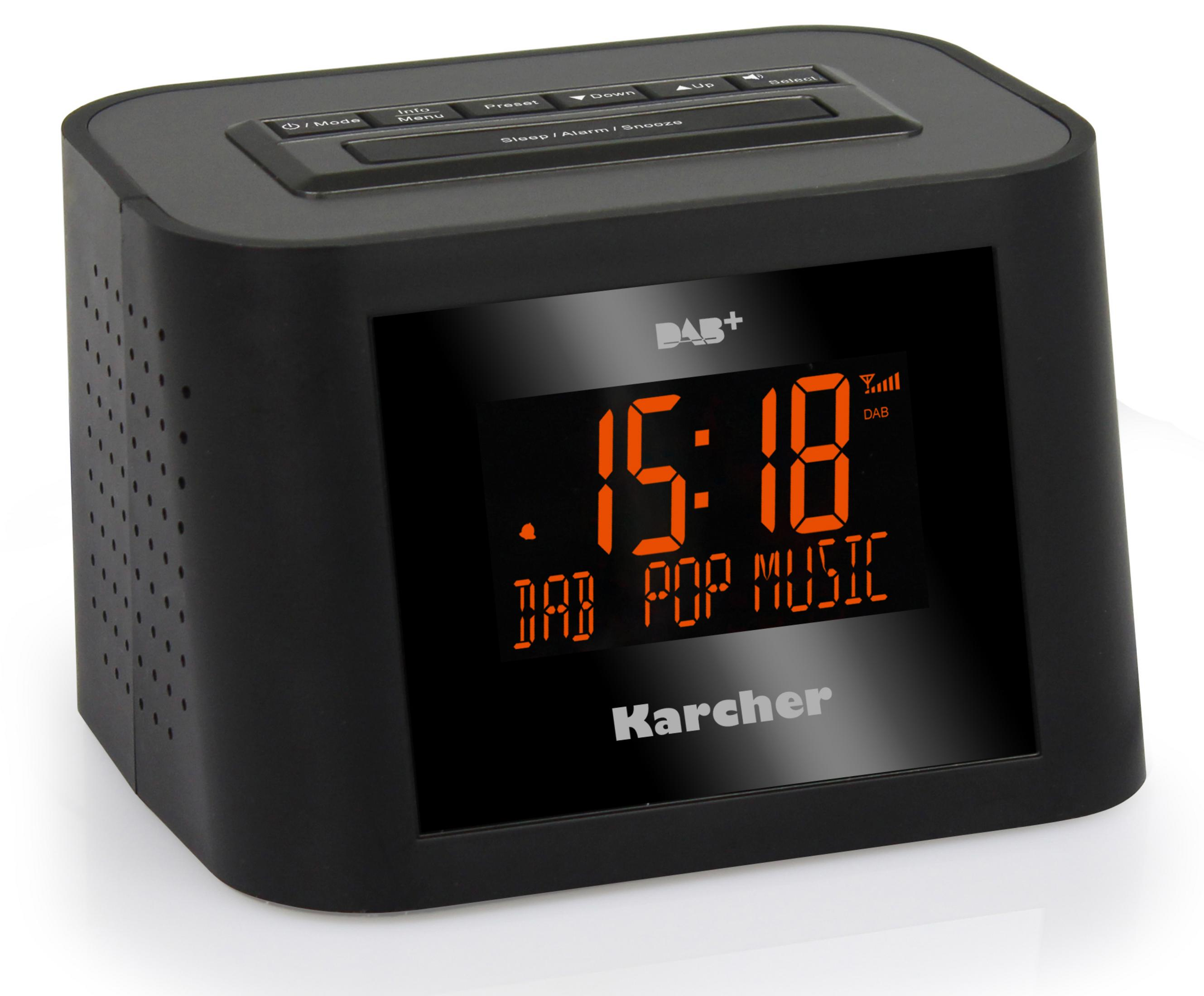 Schwarze Digitaluhr mit 15:18 und DAB POP MUSIC, mit dem Karcher-Logo.