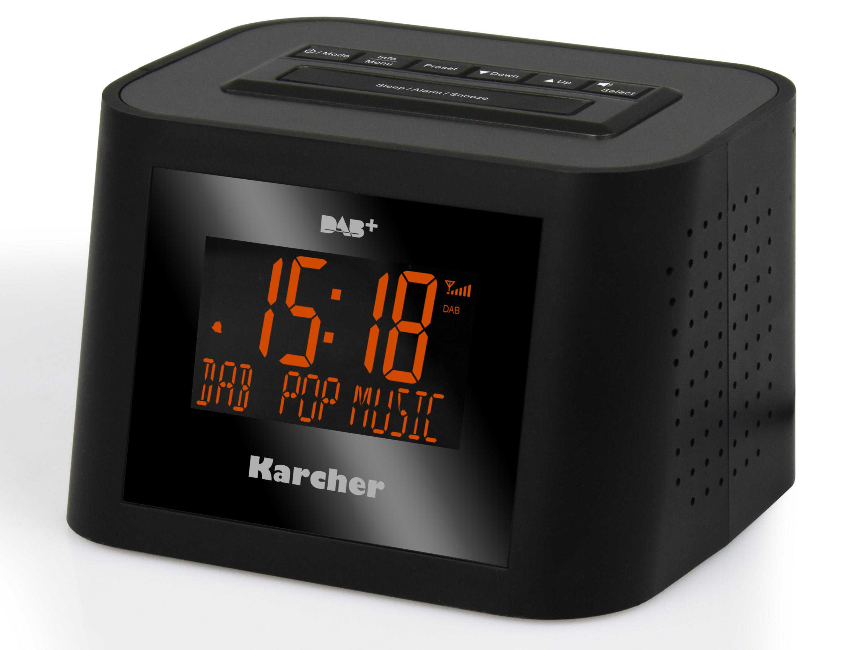 Schwarzer Karcher DAB+ Radio-Wecker. Orangefarbene Anzeige mit Uhrzeit und Radiosender.