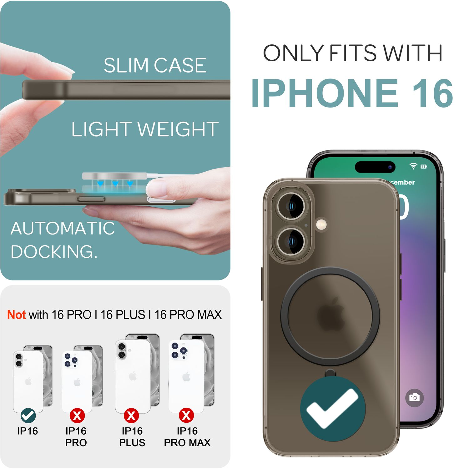 Una custodia per telefono in una scatola e su un telefono. La custodia si adatta solo a iPhone 16. Altri modelli sono sbarrati.