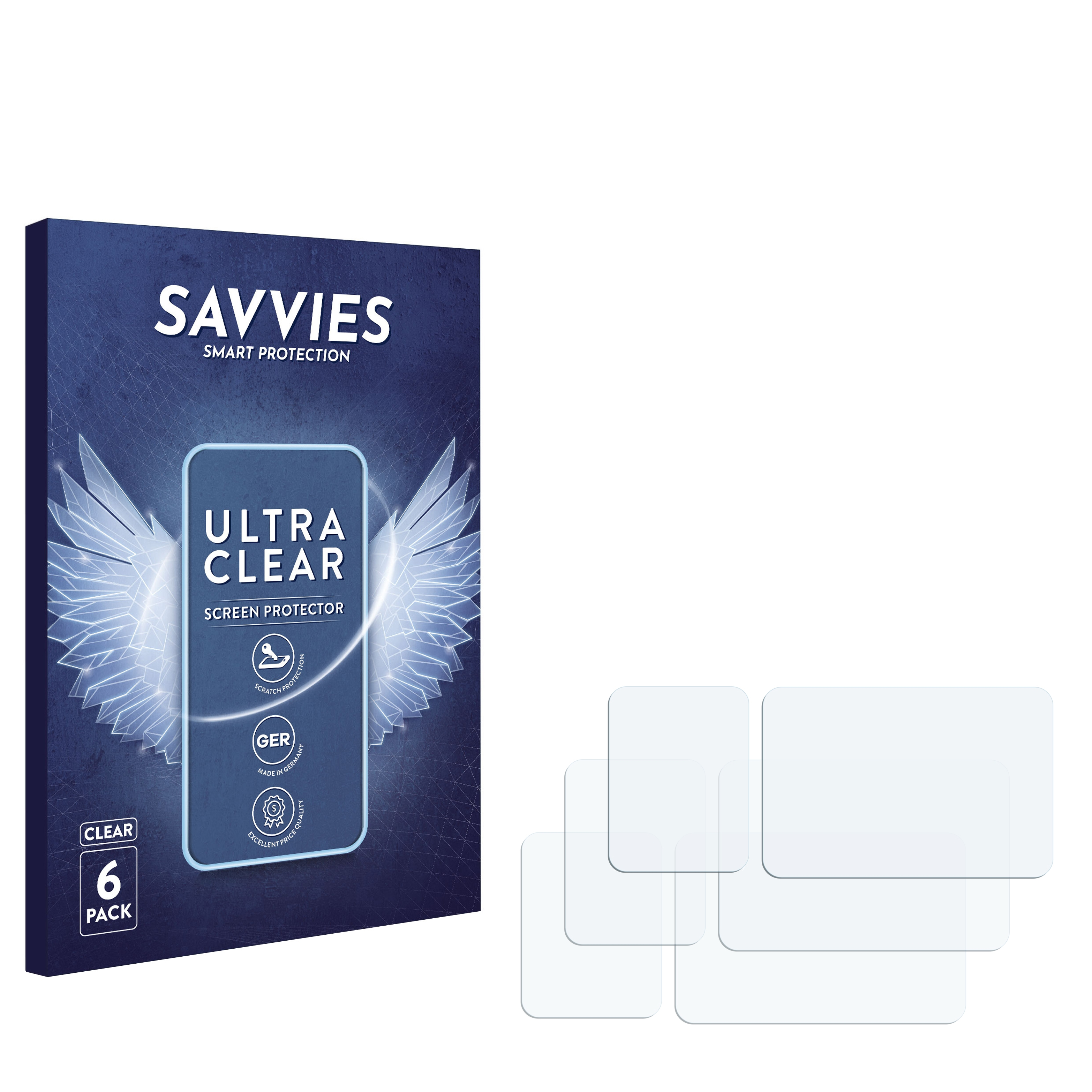 Eine Schachtel mit Displayschutzfolien und fünf klaren Schutzfolien. Die Box ist dunkelblau mit weißen Flügeln.