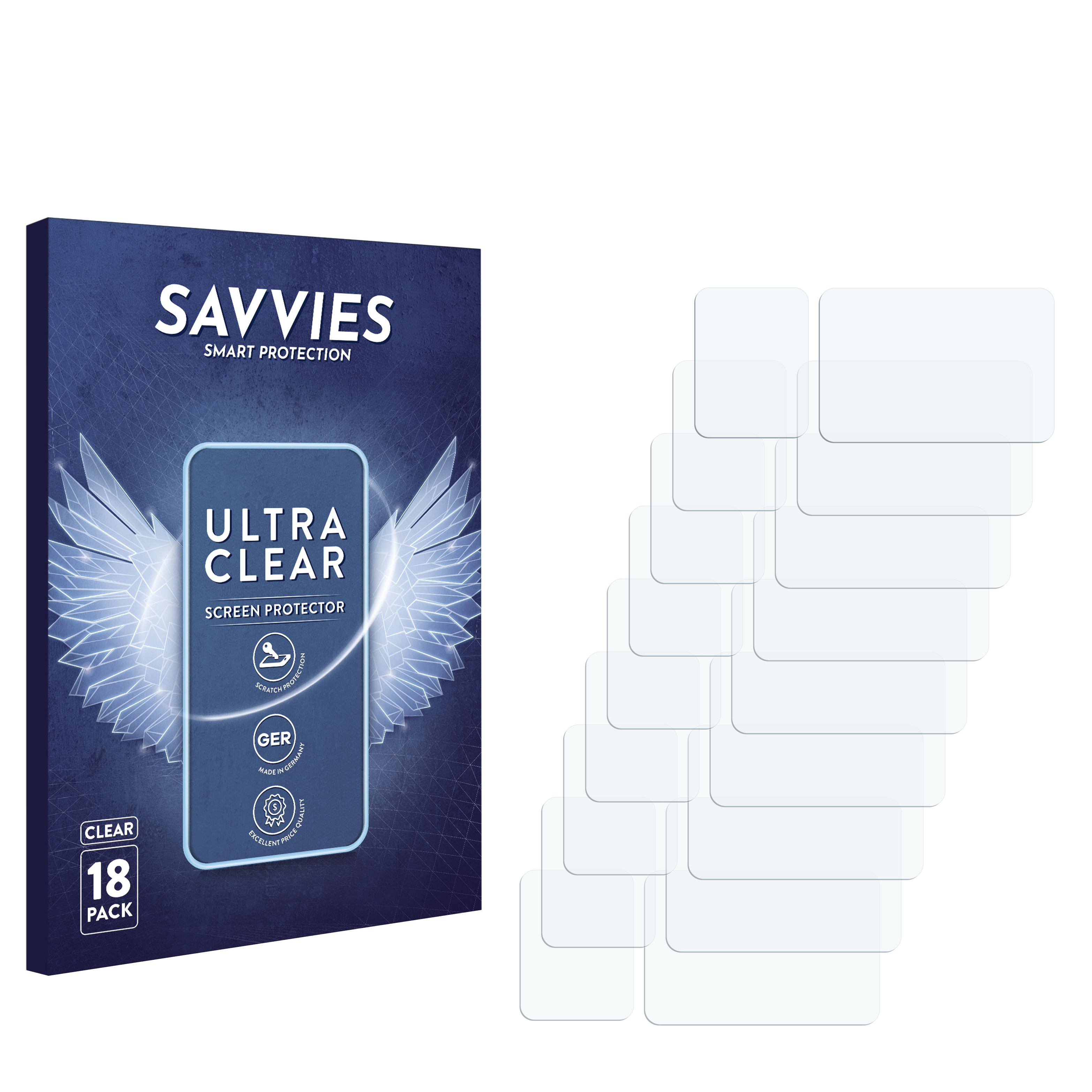 Box und Displayschutzfolien. Auf der Box steht SAVVIES, ULTRA CLEAR und 18 PACK.