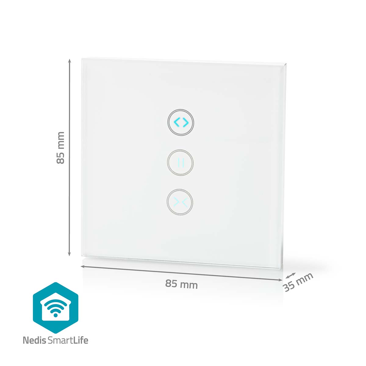 Ein quadratischer Smart-Schalter mit drei Tasten und angezeigten Messungen.