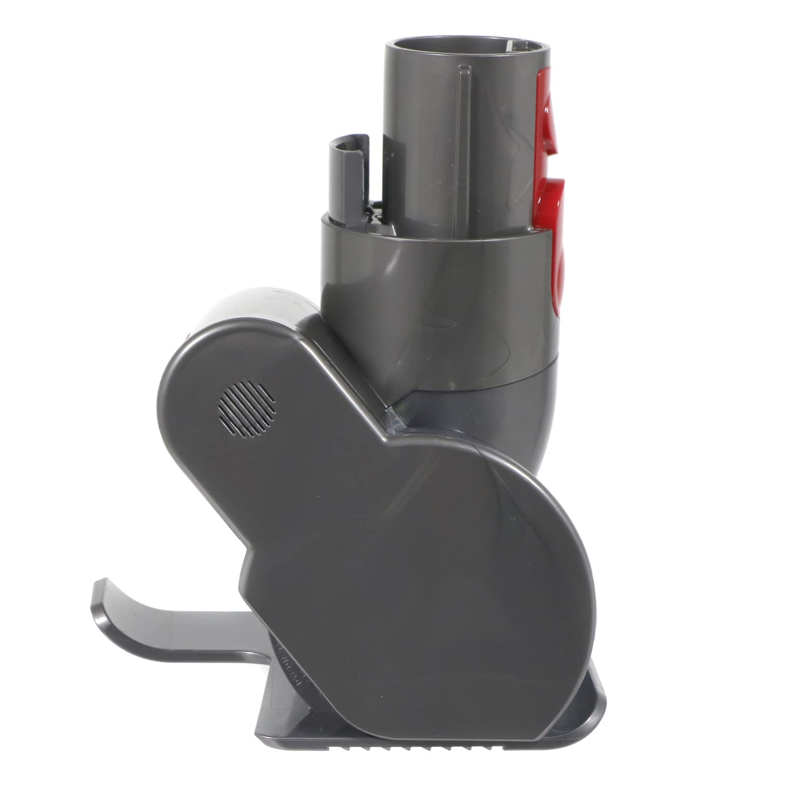 Szara nasadka do odkurzacza, kątowa, z czerwonym przyciskiem i okrągłym detalem.