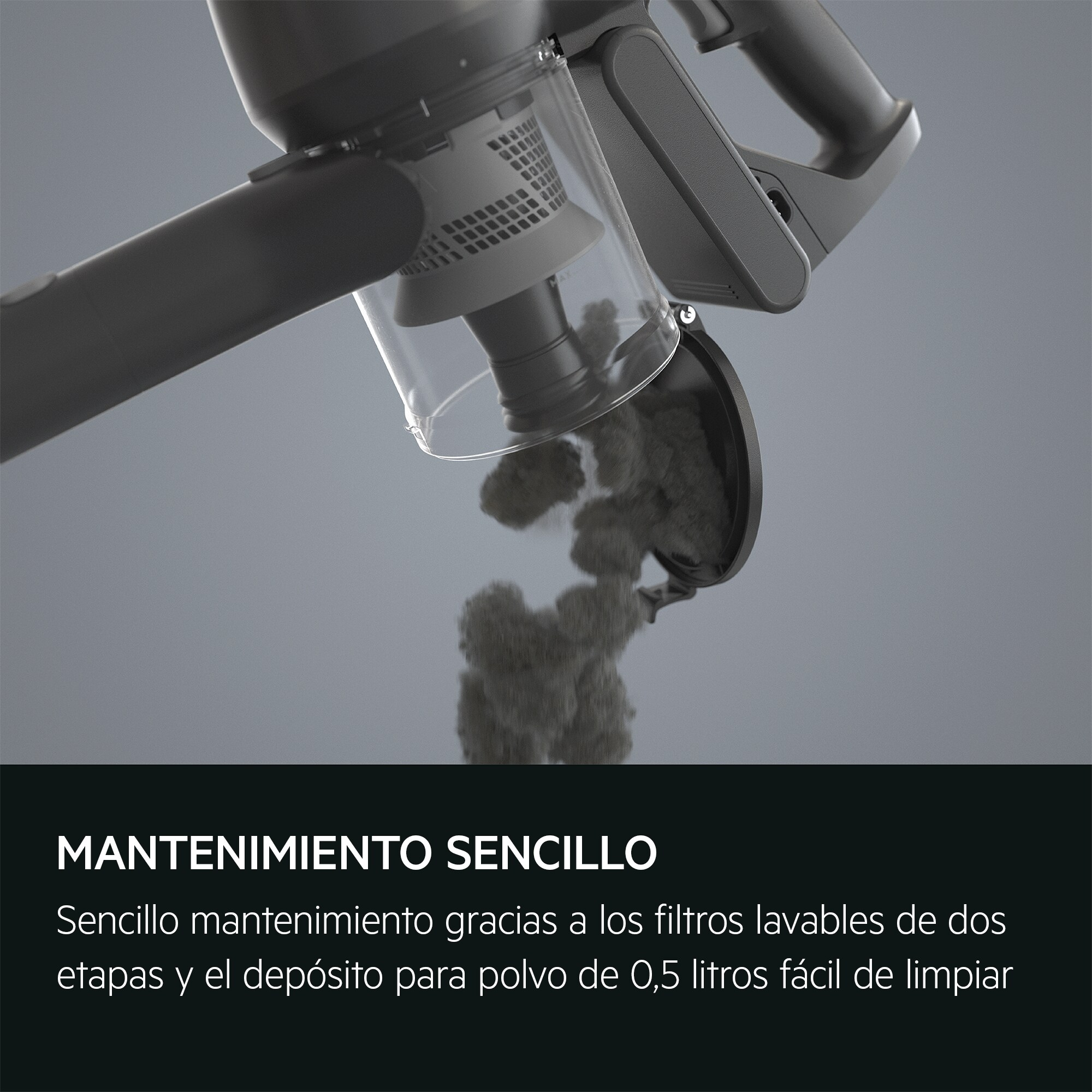 Il contenitore della polvere e il filtro di un aspirapolvere, con testo sulla facile manutenzione e pulizia.