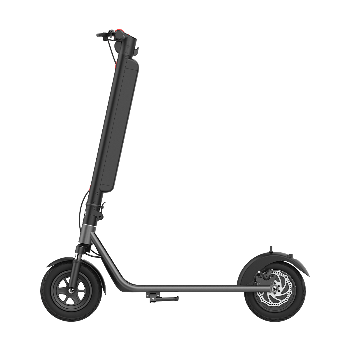 Czarno-szara hulajnoga elektryczna na białym tle.