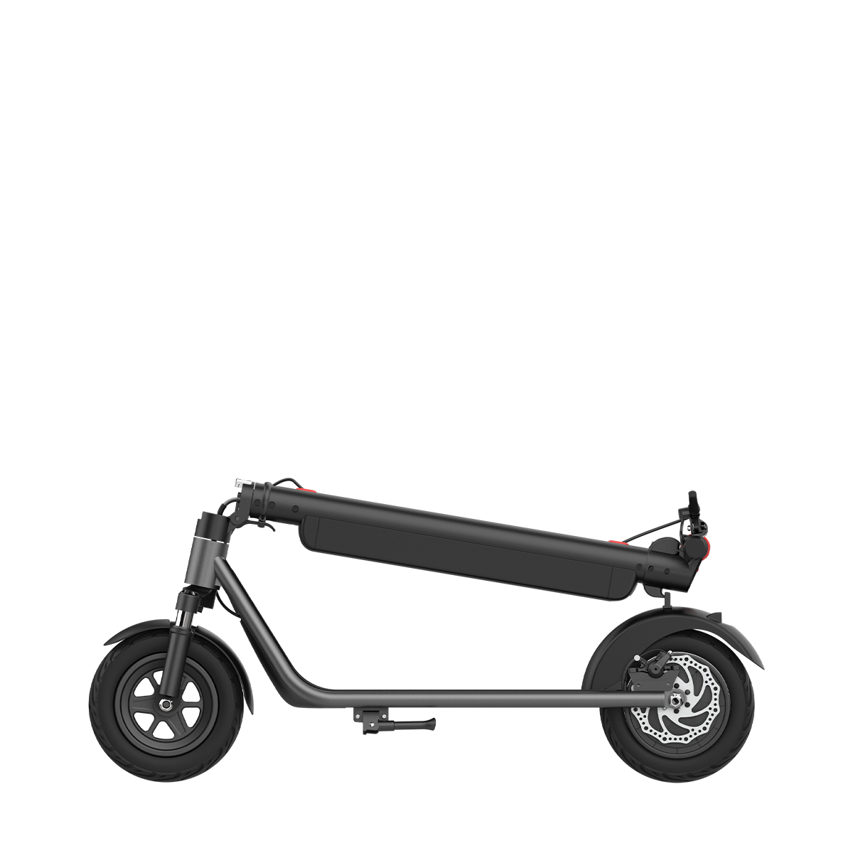 Czarny skuter elektryczny na białym tle. Widok z boku, złożony.