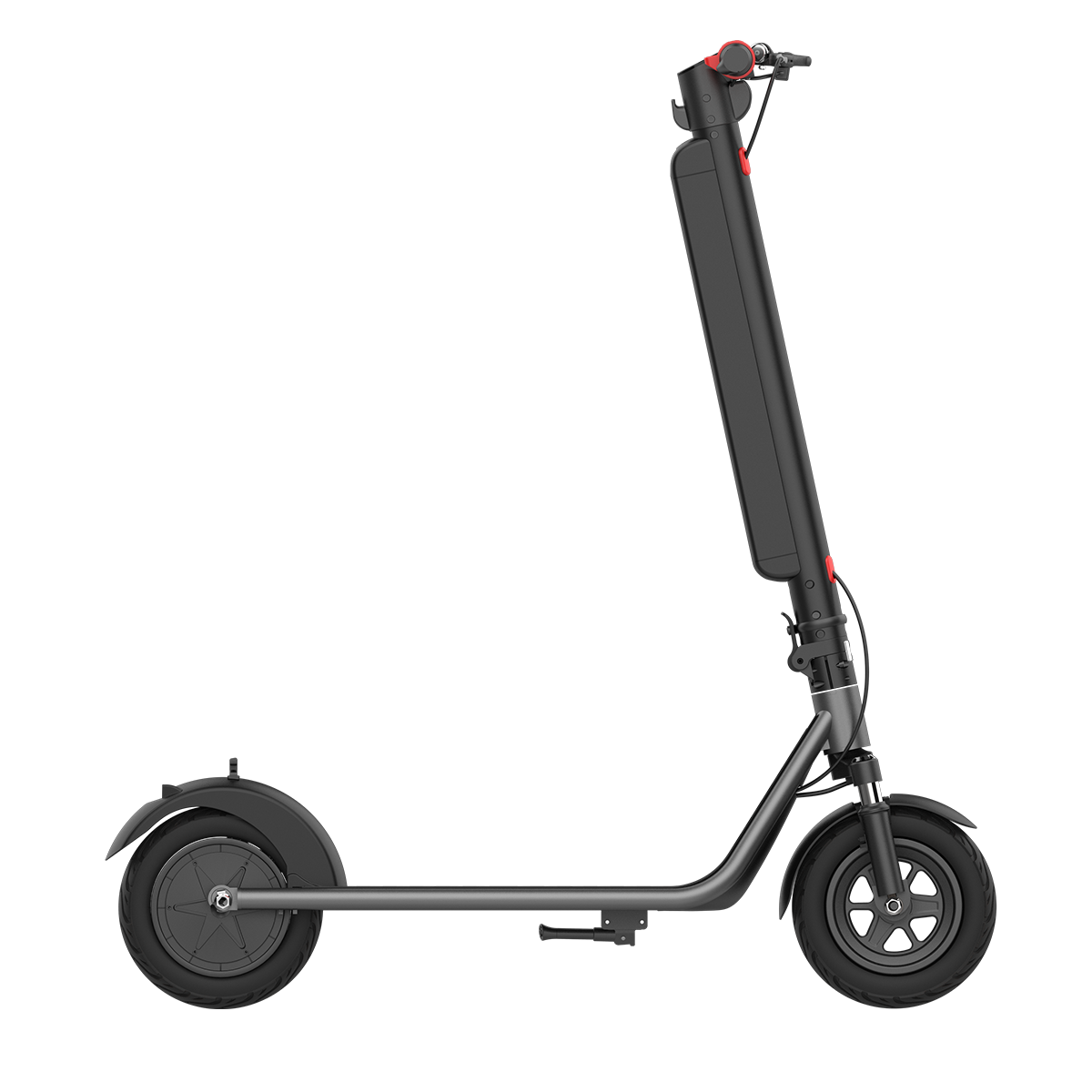 Hulajnoga elektryczna. Jest czarna i szara, z czerwonym akcentem na kierownicy.