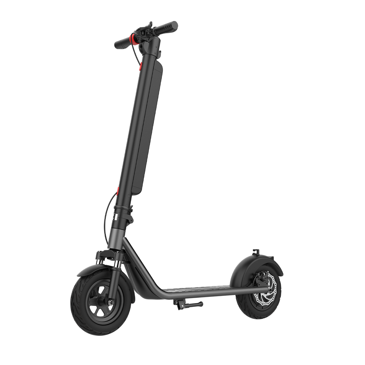 Czarna hulajnoga elektryczna z czerwonym akcentem na białym tle.