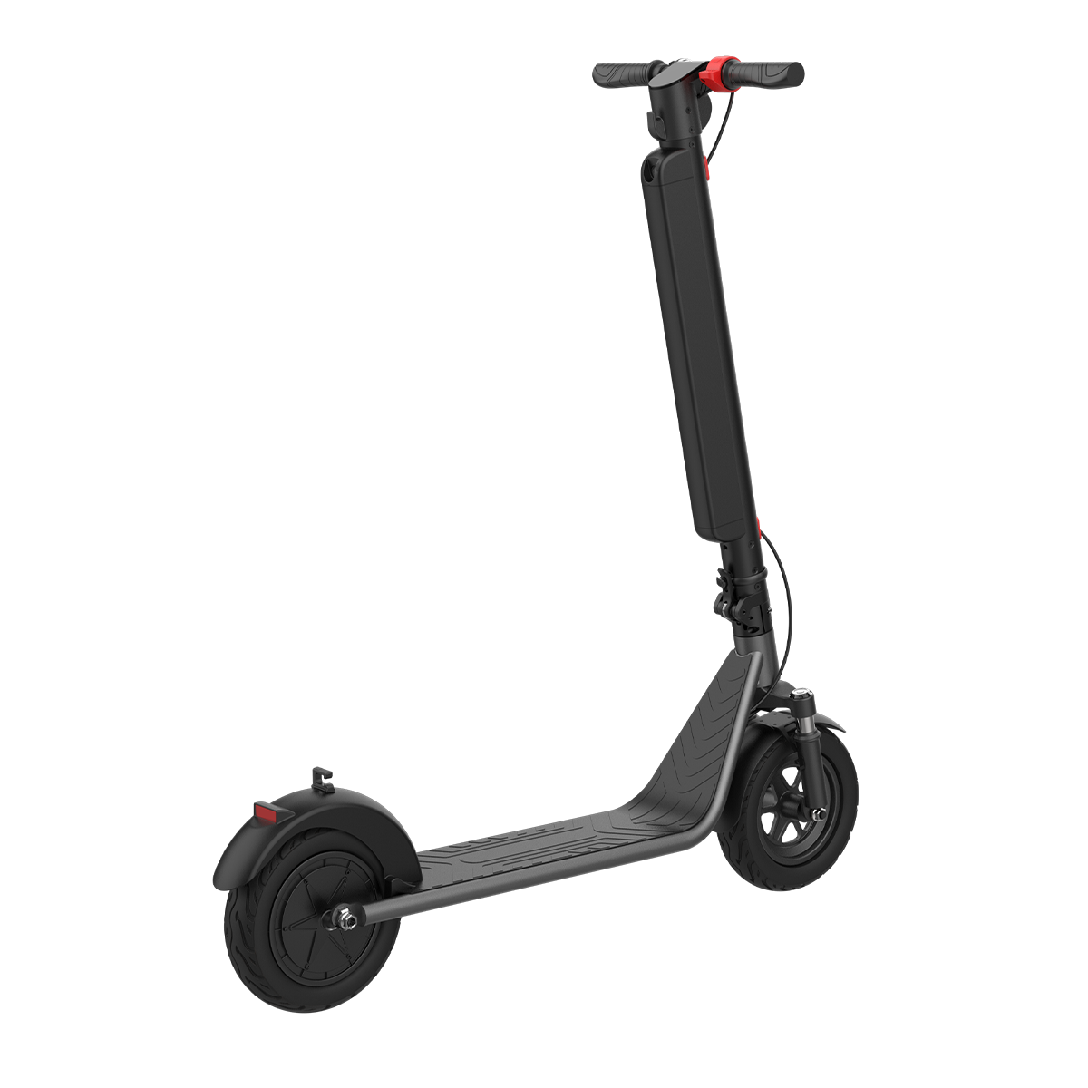 Czarna hulajnoga elektryczna na białym tle. Ma czarną ramę i koła.