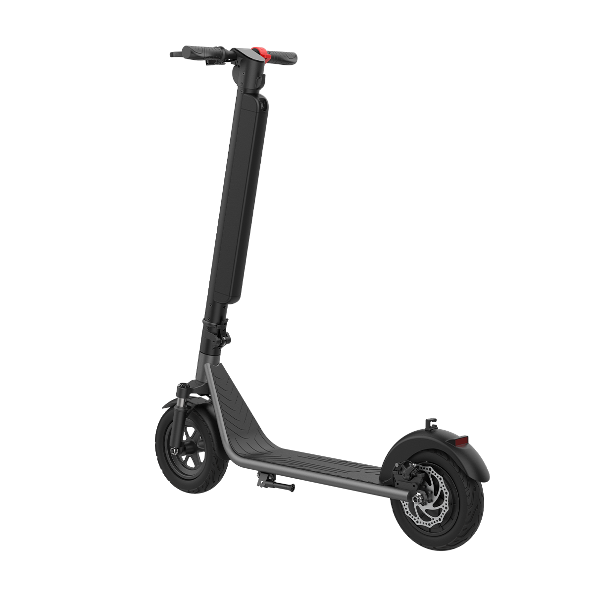 Czarna hulajnoga elektryczna na białym tle, widok z boku.