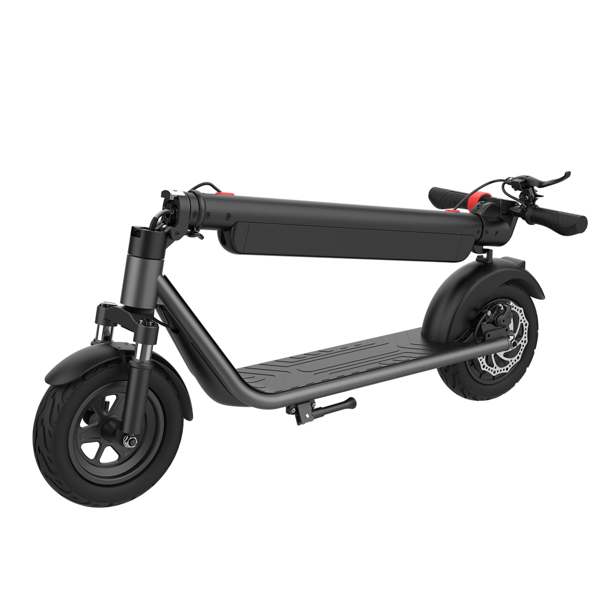 Czarno-szara hulajnoga elektryczna, widok z boku, białe tło, nowoczesny design.