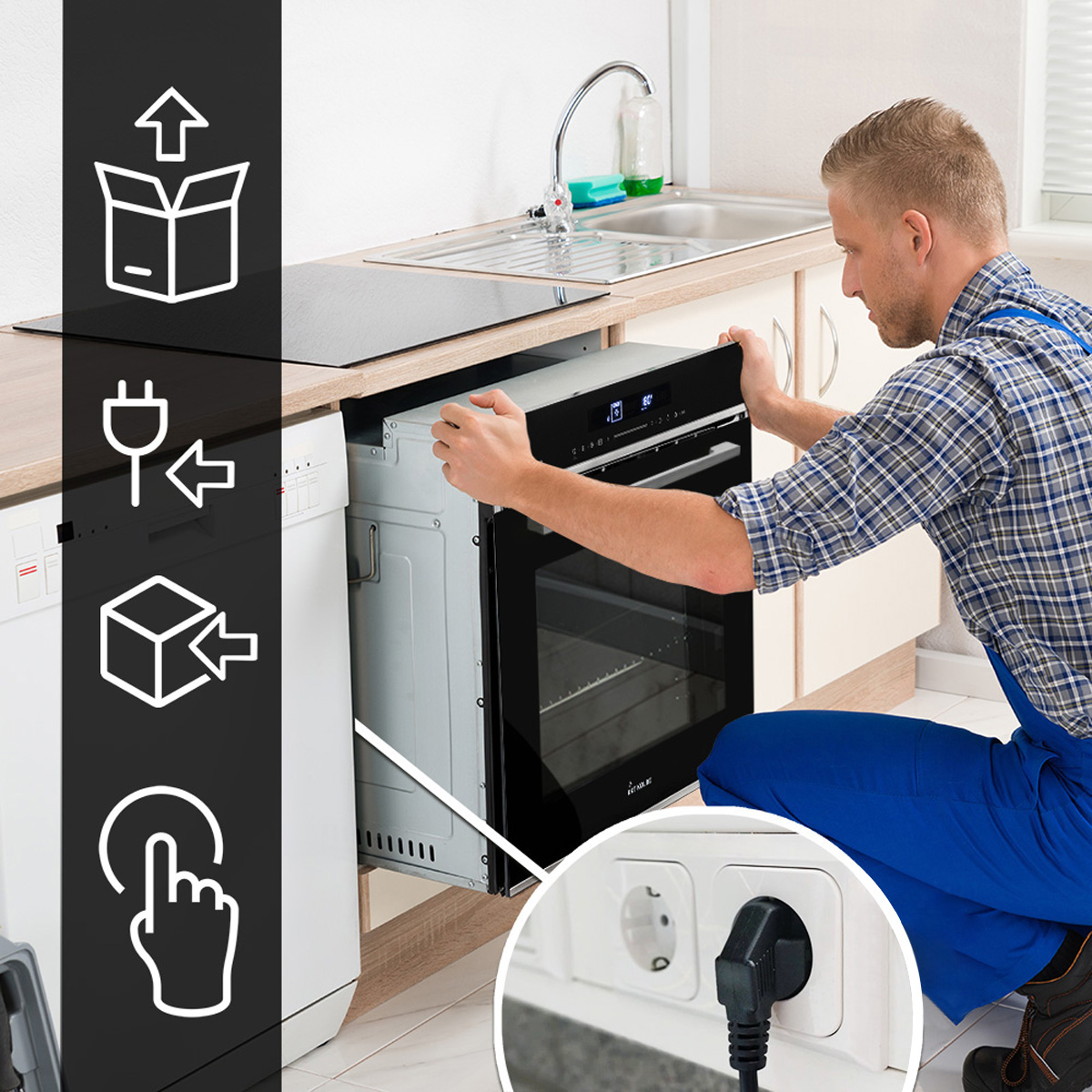 Ein Mann installiert einen Ofen in einer Küche. Symbole zeigen eine Box, einen Stecker und eine Hand, die einen Knopf drückt.
