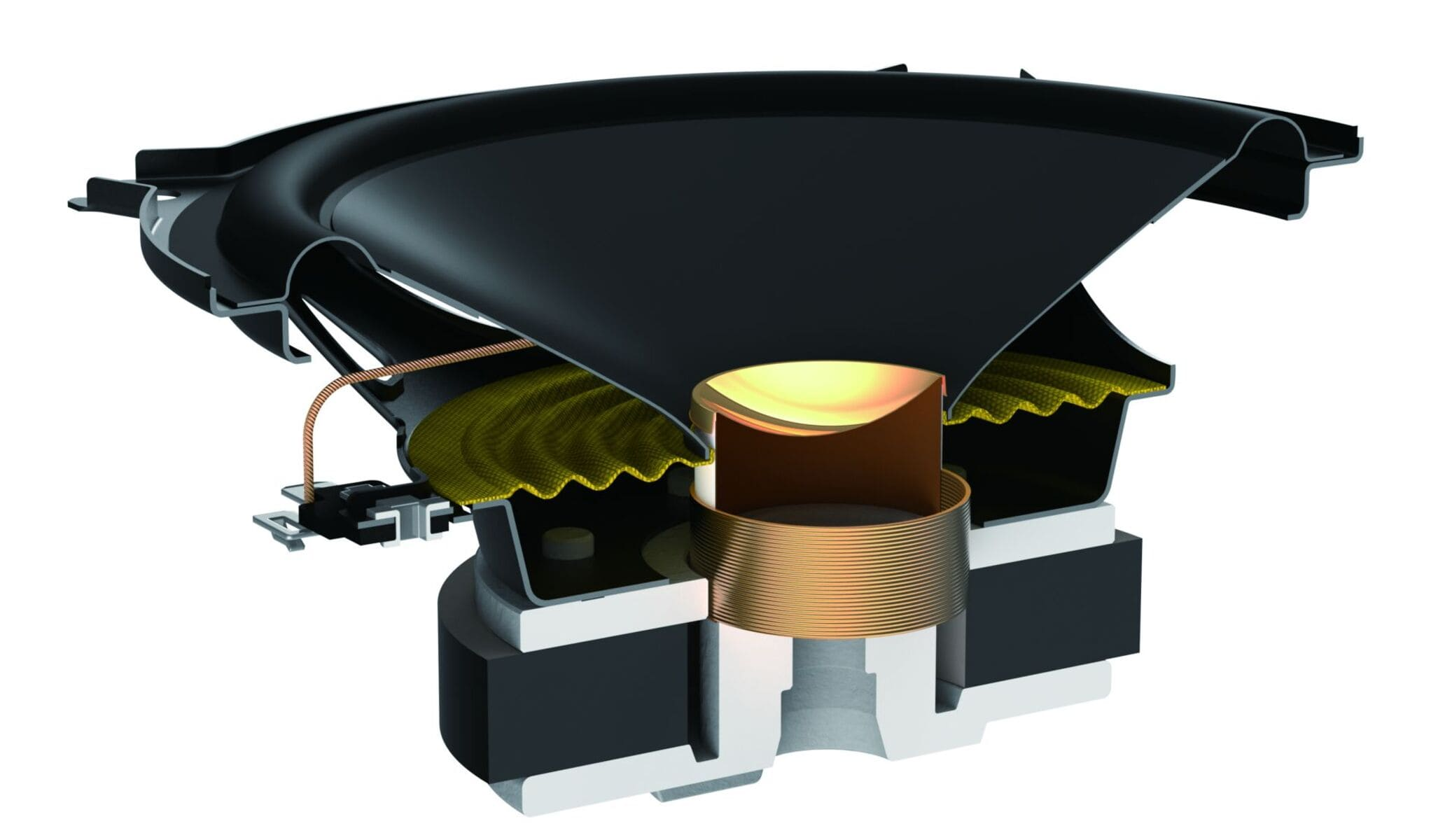 Schnittansicht eines Lautsprechers, zeigt interne Komponenten wie Konus, Schwingspule und Magnet.