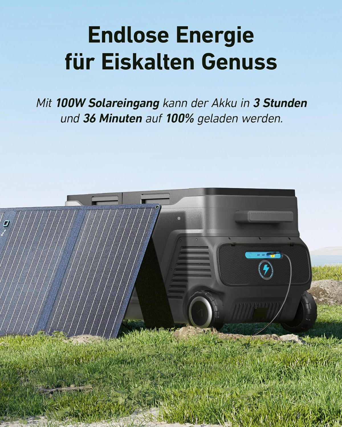 Un prodotto con un pannello solare e un testo che dice: Energia infinita per un piacere gelido.