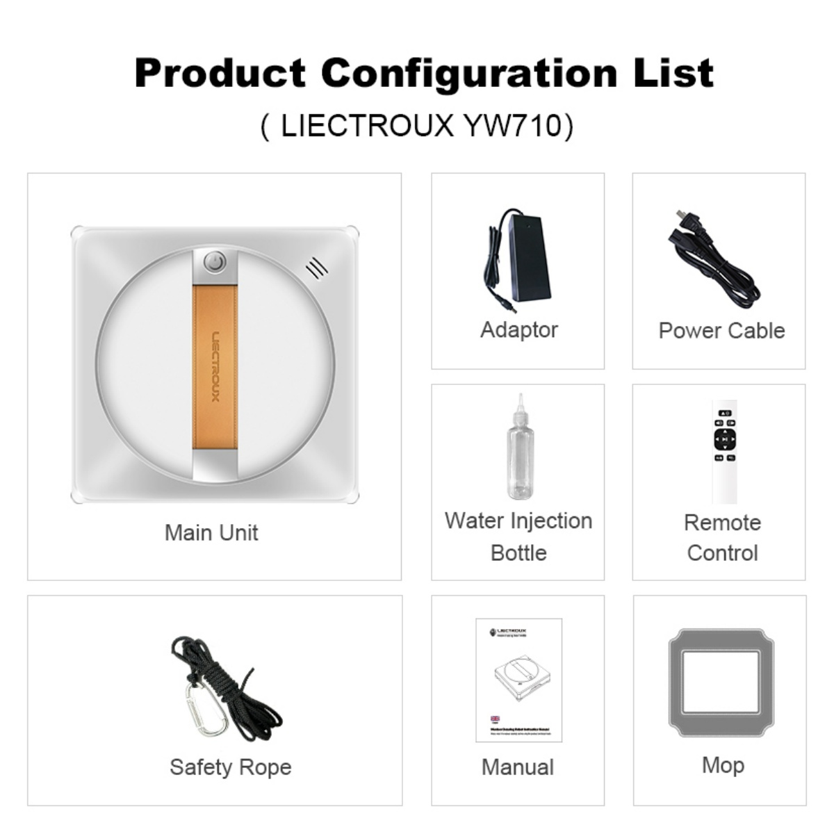 Produktkonfigurationsliste eines Reinigungsroboters. Zeigt Haupteinheit, Adapter, Wasserflasche, Fernbedienung usw.