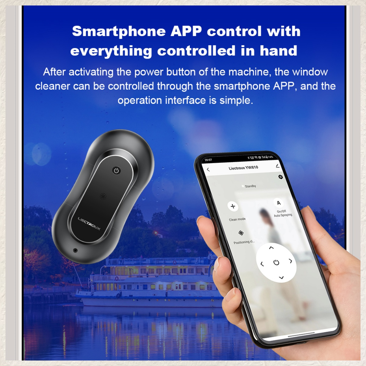 Ein Fensterputzroboter an einem Fenster, gesteuert über ein Smartphone mit App-Oberfläche.