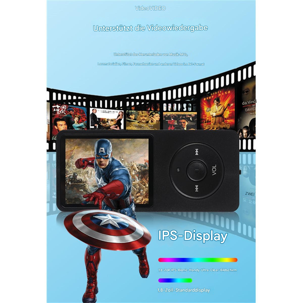 Schwarzer MP3-Player mit Bildschirm. Captain America wird angezeigt. Filmstreifen im Hintergrund. Text lautet Video Video.