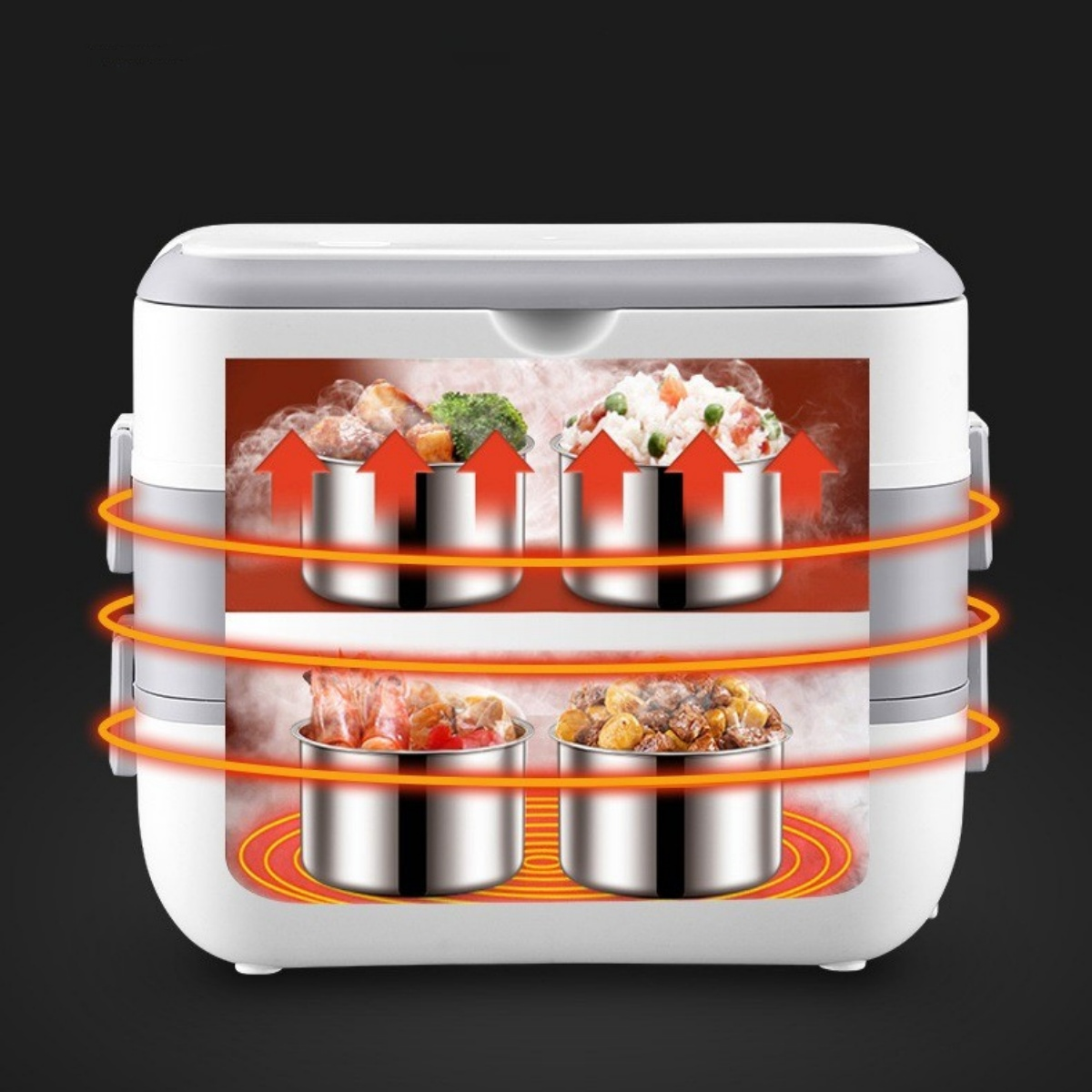 Eine weiße Lunchbox mit Lebensmittelbehältern. Vier Edelstahlbehälter mit Essen darin.