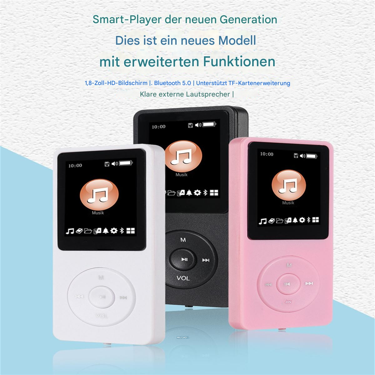 Drei MP3-Player, weiß, schwarz und rosa, mit Noten-Symbolen auf den Bildschirmen, alle vor hellem Hintergrund.
