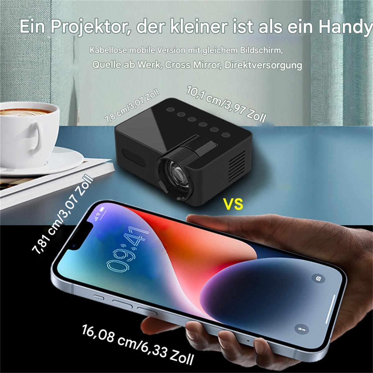 Kleiner Projektor im Vergleich zu einem Handy. Text vergleicht die Größe. Maße in cm/Zoll angegeben.