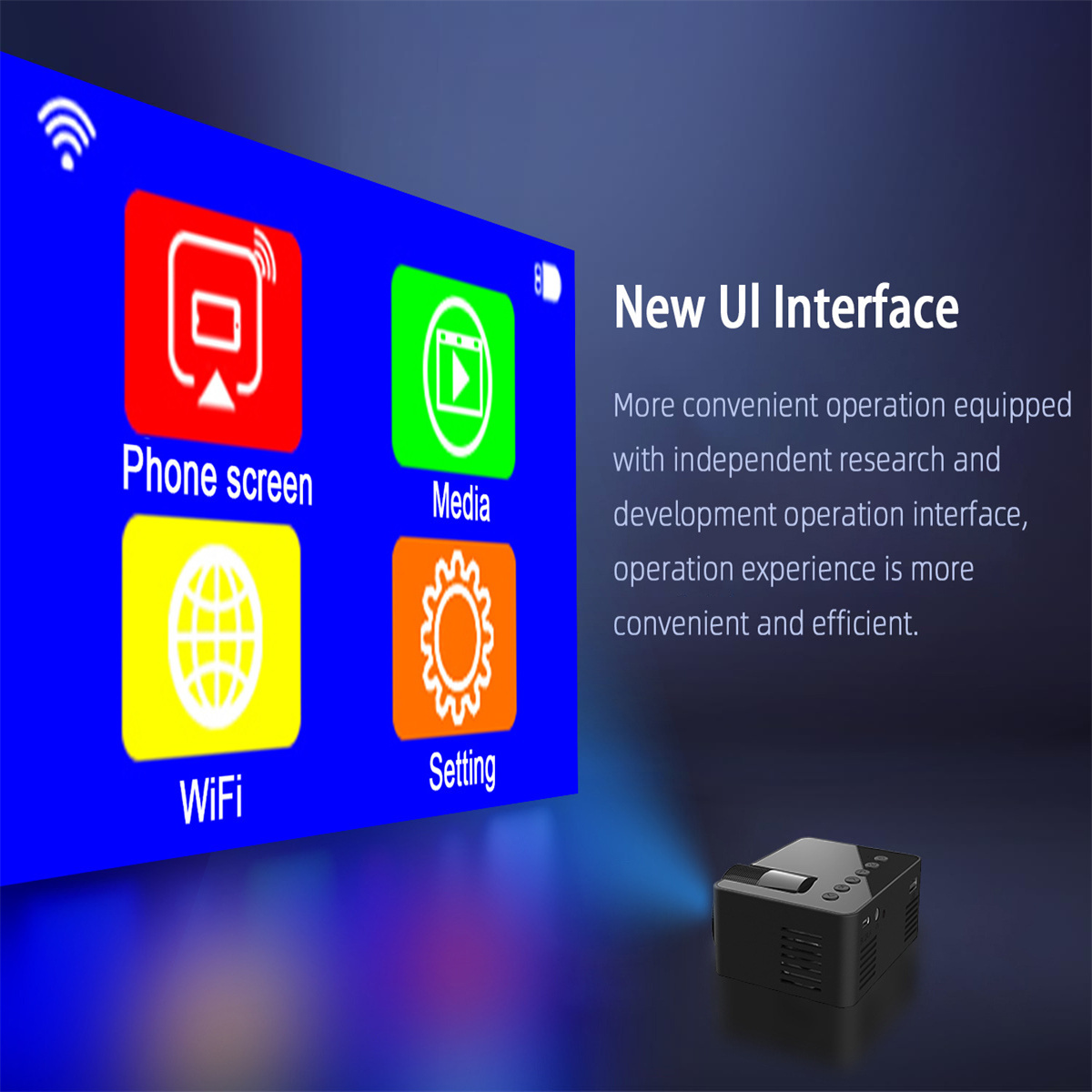 Ein Projektor, der einen Interface-Bildschirm projiziert, auf dunklem Hintergrund.