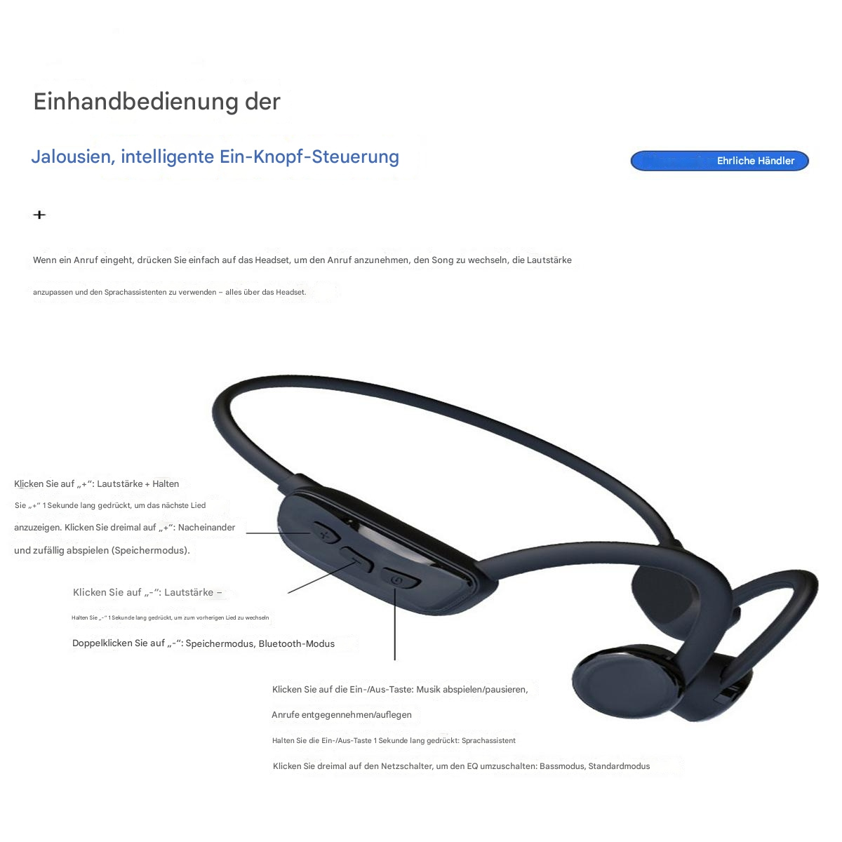 Ein schwarzes, kabelloses Knochenschall-Headset mit Tasten und Text, kurviges Design, vor weißem Hintergrund.