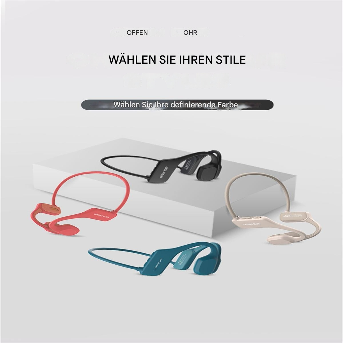 Vier Knochenleitungskopfhörer in verschiedenen Farben. Text oben: 'Wählen Sie Ihren Stile.'