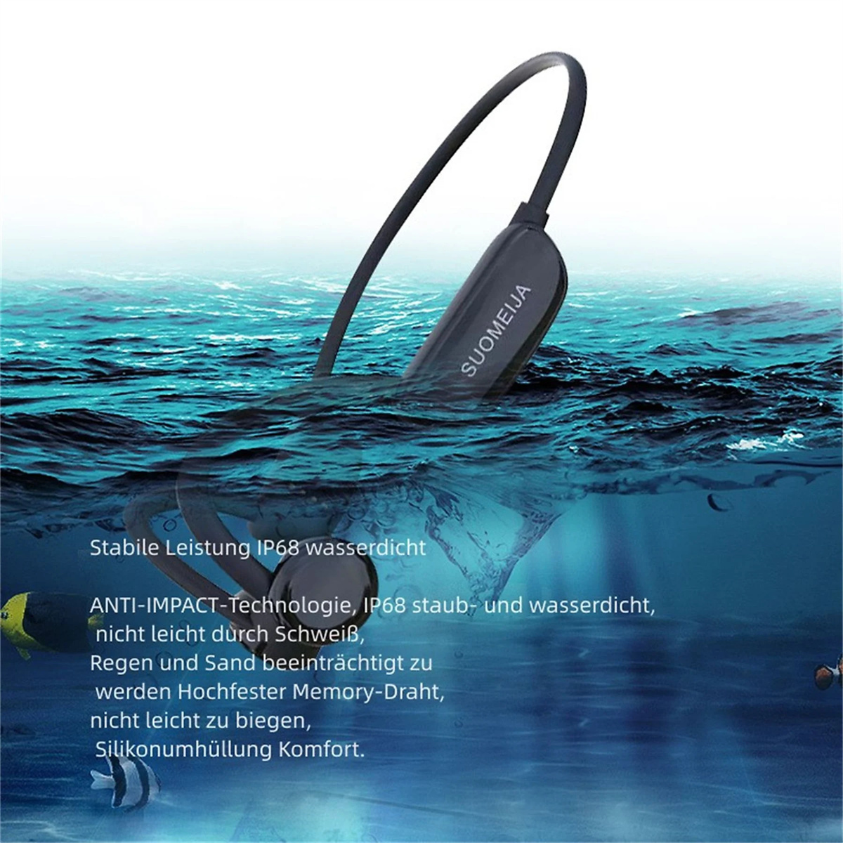 Schwarze kabellose Ohrhörer, untergetaucht in Wasser, mit Text über wasserdichte Eigenschaften.