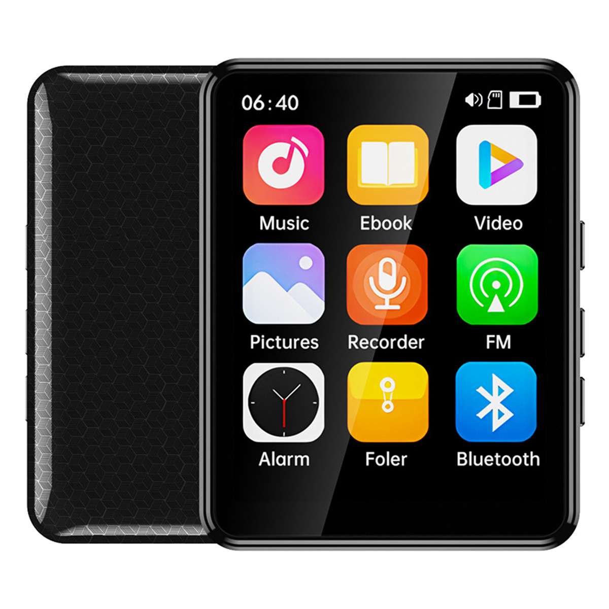 Ein schwarzer MP3-Player mit einem Bildschirm, der Symbole für Musik, E-Book, Video, Bilder usw. anzeigt. Tasten an den Seiten.