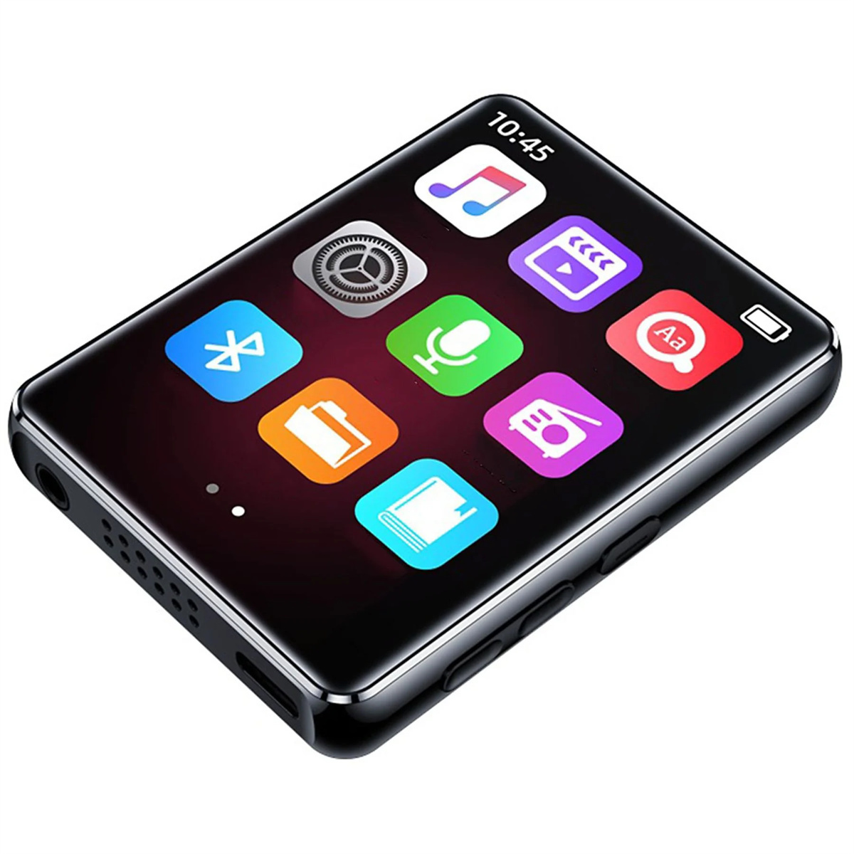 Ein schwarzer MP3-Player mit Touchscreen, der Symbole für Musik, Einstellungen und mehr anzeigt.