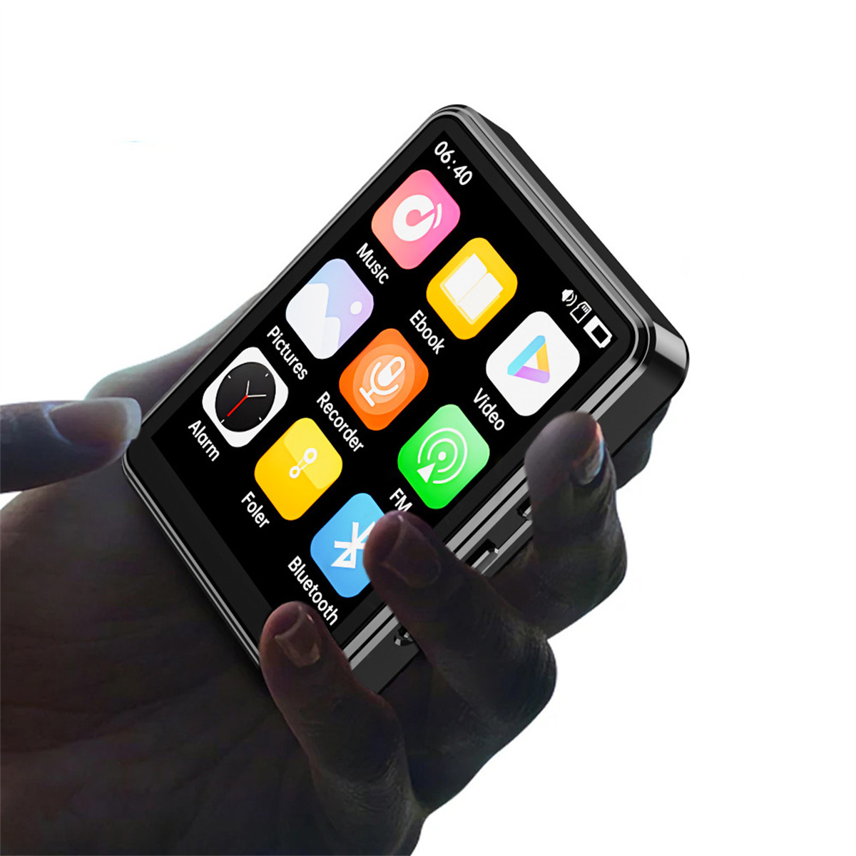 Handheld-Gerät mit Touchscreen, der verschiedene App-Symbole zeigt. In der Hand gehalten.