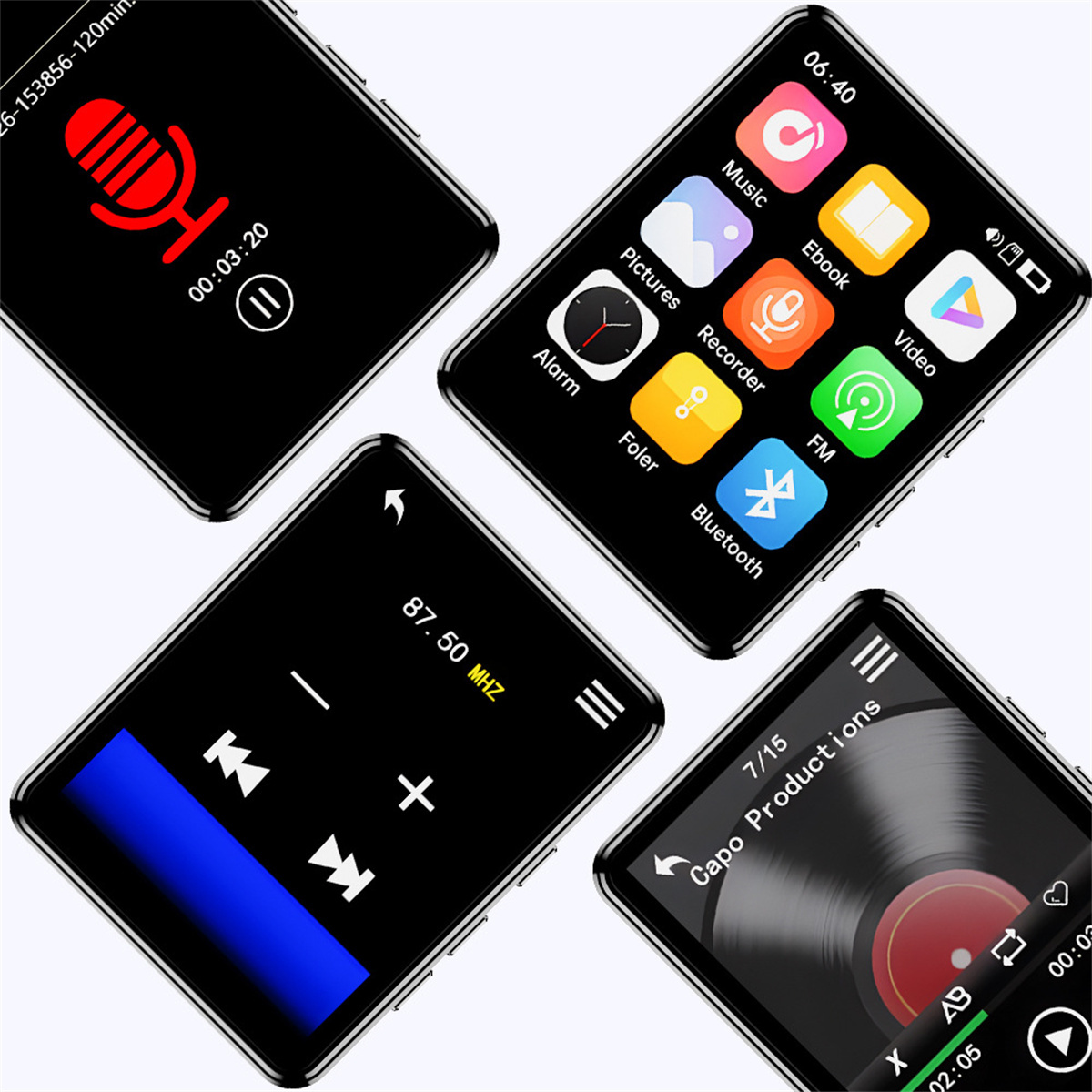 Schwarzer MP3-Player mit Touchscreen, der verschiedene App-Symbole in diagonaler Anordnung anzeigt.