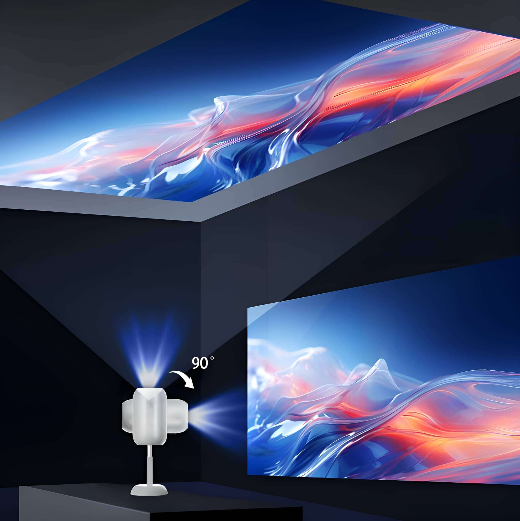 Ein Projektor, der auf eine Leinwand an der Decke und einer Wand zeigt.