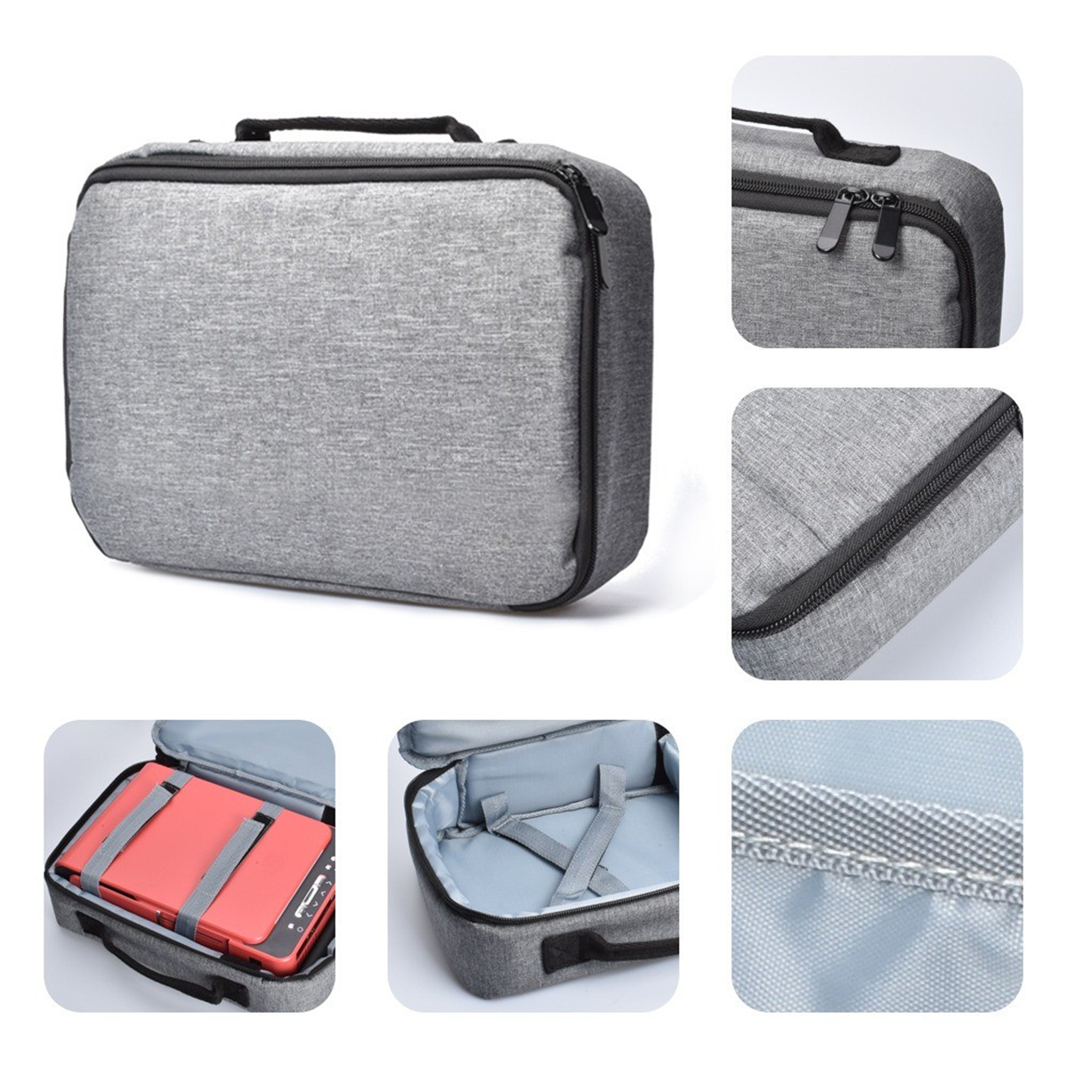 Graue Reisetasche mit mehreren Ansichten der Reißverschlüsse und des Innenraums mit Laptop.